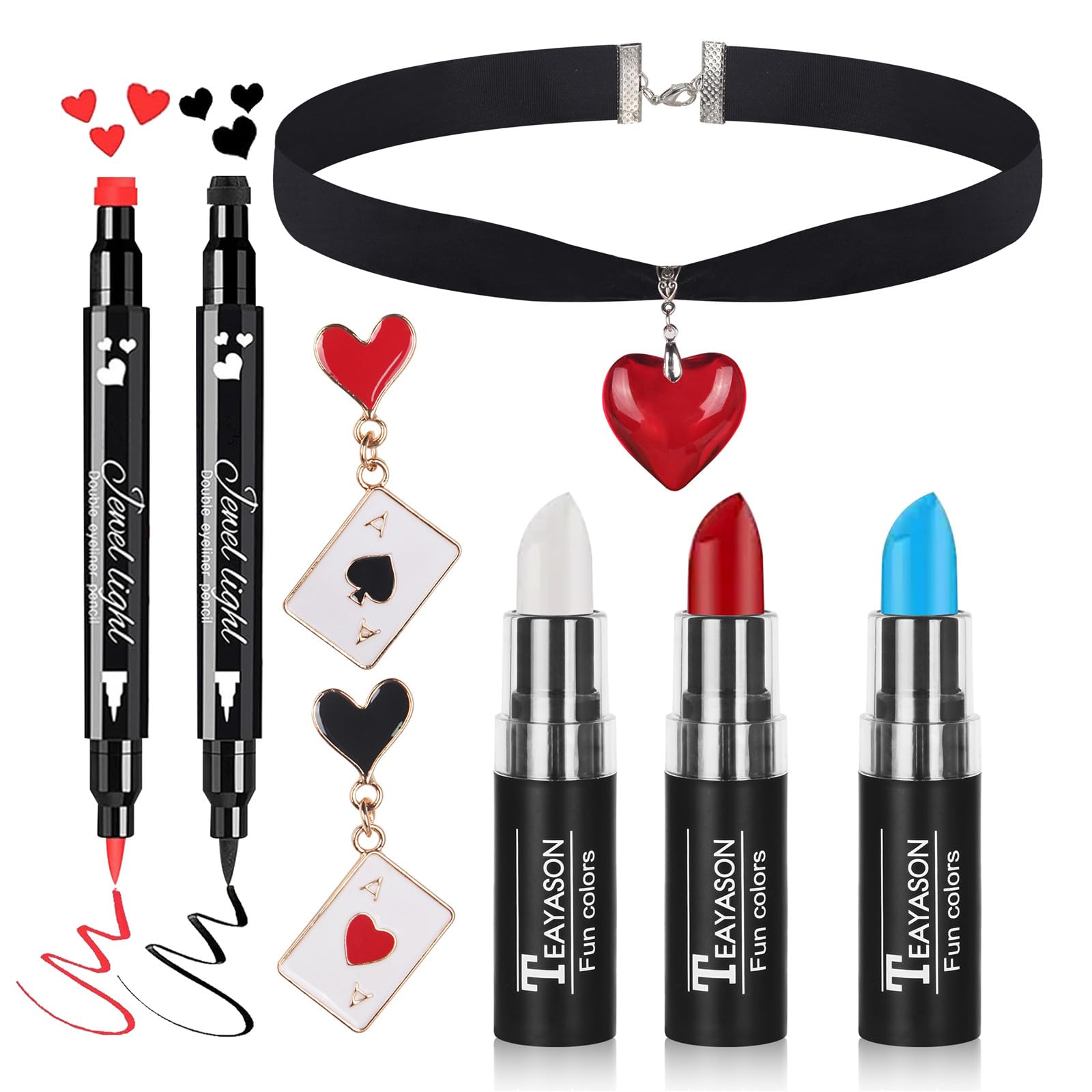 Go Ho Red White and Blue Multi-use Lip Face Paint Stick,2PC Red&Black Hearts Eyeliner Stamp,Heart-shaped Earrings and Necklace Kit,Queen Cosplay Halloween Costumes Party Accessories for Women