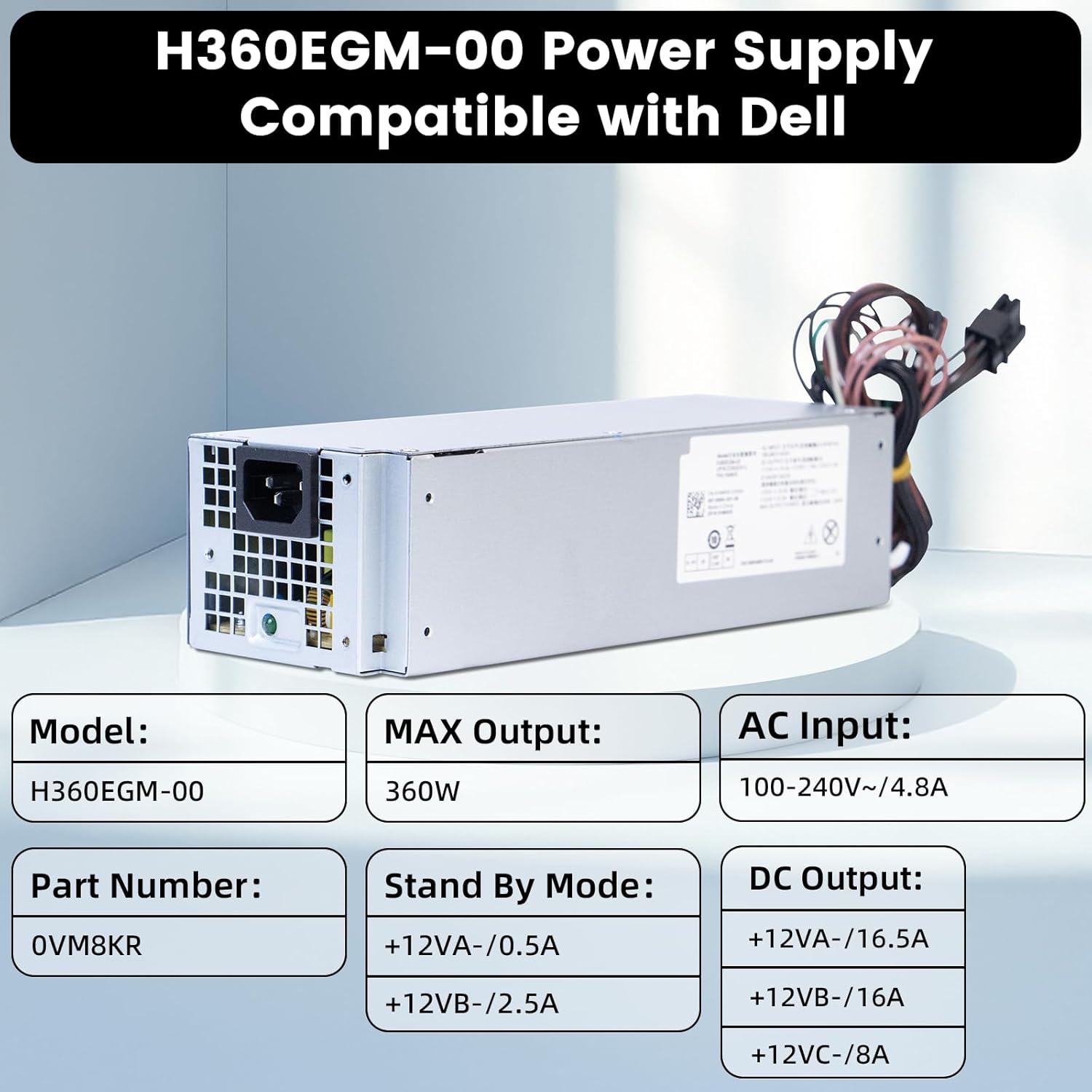 LXun Upgraded H360EGM-00 VM8KR 360W Power Supply Compatible with Dell Optiplex 3050 7050 7060 3050MT 7050MT 7060MT Vostro 3668 3669 SFF 0VM8KR D360E001L L360EGM-00 8HKG7 (8Pin+6Pin+4Pin Connector)