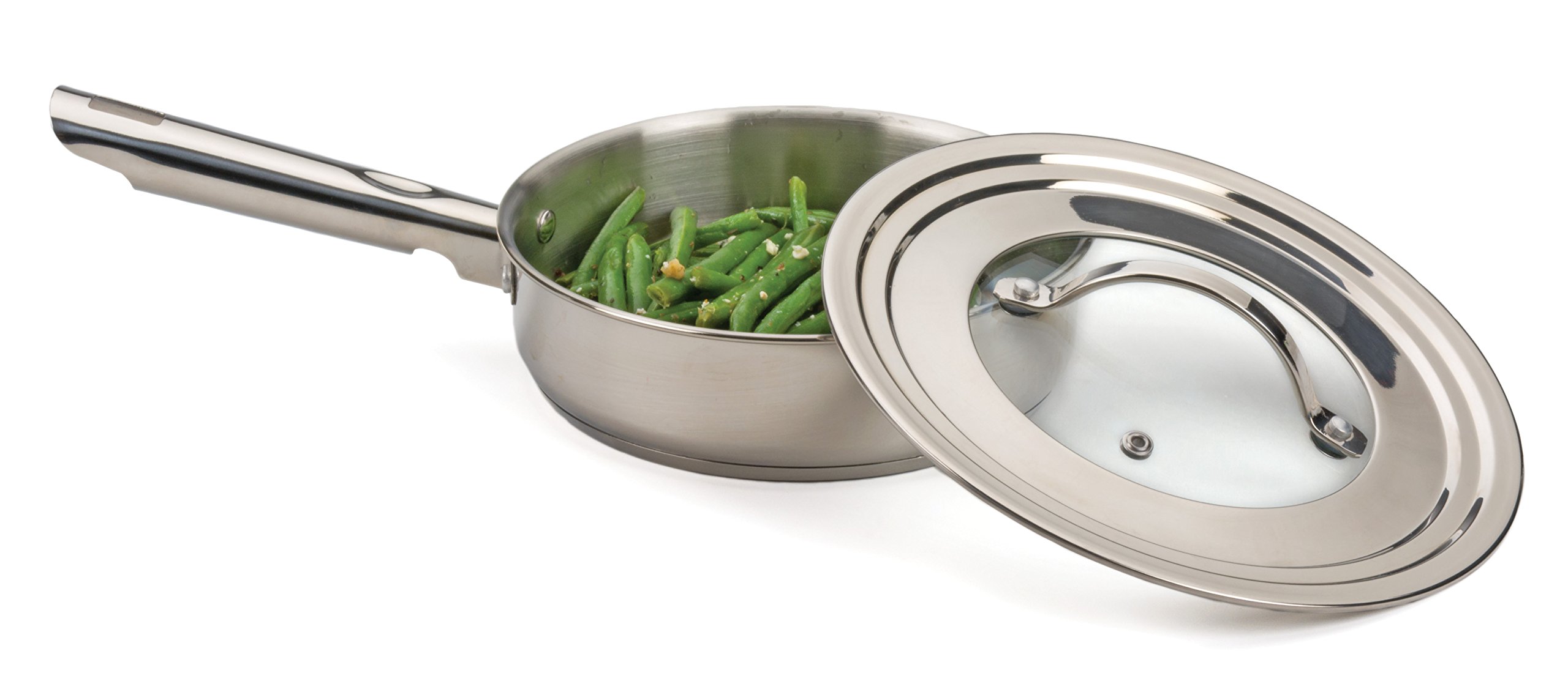 RSVP International Endurance - Coperchio universale con inserto in vetro, in acciaio inox, adatto per pentole e padelle da 14 a 22,9 cm, in vetro temperato sicuro, adatto per friggere, soffriggere, salse, pentole e padelle | lavabile in lavastoviglie e fo