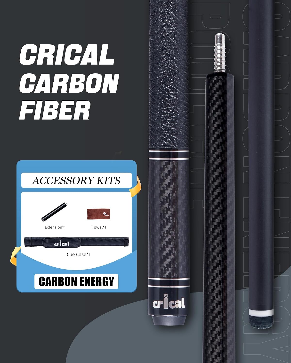 CRICAL Carbon Fiber Pool Cue with Stick Low Deflection Shaft - 58 Inch Billiard Cue Stick with Cowhide Grip & 3K Weave Design, 12.5mm Tip, Fixed Weight (19oz), 3/8x8 Joint – Ideal for Players
