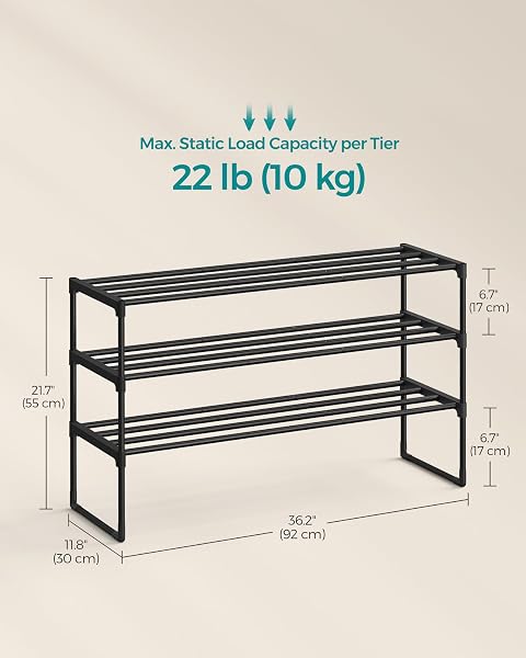 SONGMICS 3-Tier Shoe Rack, Shoe Storage Organiser, Metal Storage Rack, Upright or Upside Down, Fits 16 to 20 Pairs, Stackable, for Hallway, 30 x 92 x 55 cm, Black LSA303B02 - 3