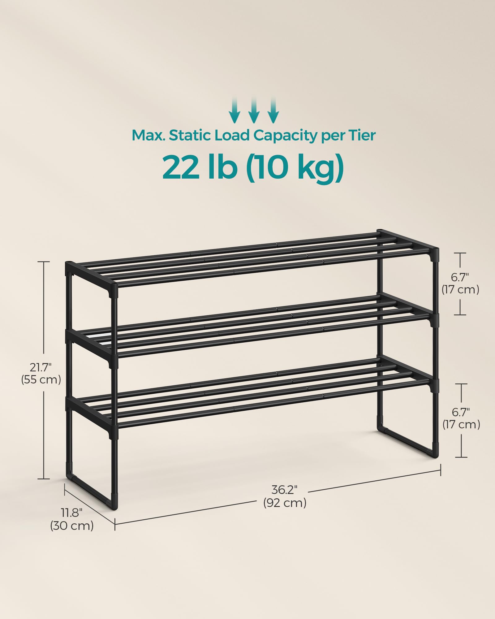 SONGMICS 3-Tier Shoe Rack, Shoe Storage Organiser, Metal Storage Rack, Upright or Upside Down, Fits 16 to 20 Pairs, Stackable, for Hallway, 30 x 92 x 55 cm, Black LSA303B02 — view 3