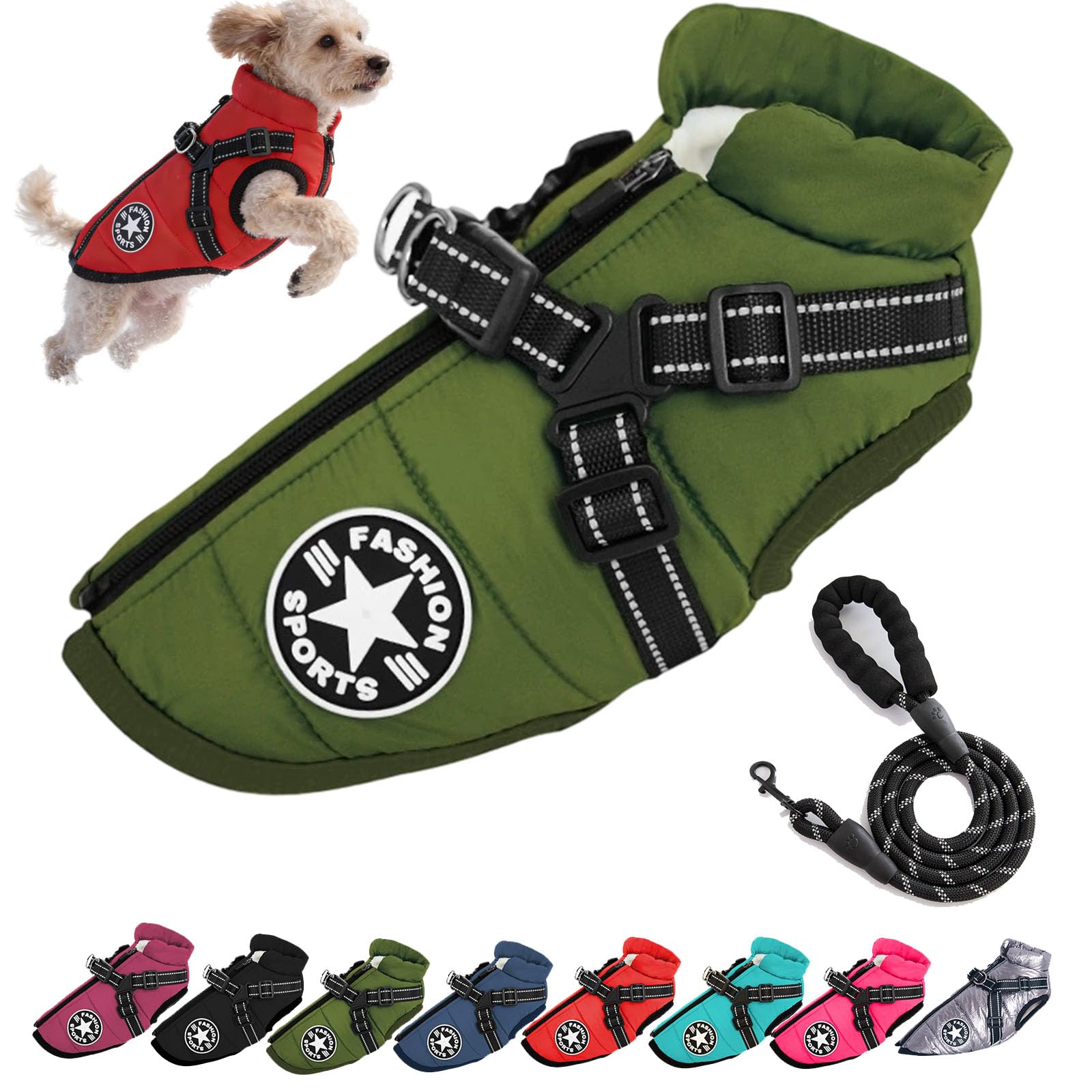 Puppy – Winter Jacket for Dogs 2 in 1 Harness Warm Padded Jacket for Dogs Waterproof Coats for Dogs Winter Clothes for Dogs (Military, XXL)