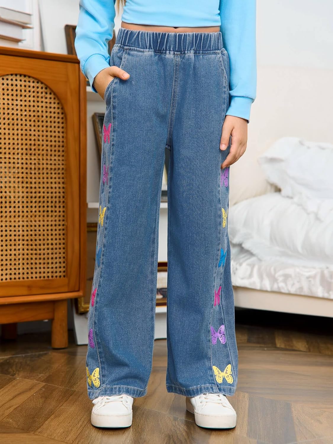 Haloumoning Girls Butterfly Print Jeans Kids Elastic Waist Wide Leg Denim Baggy Pants with Pockets 5-14Y - Image 2