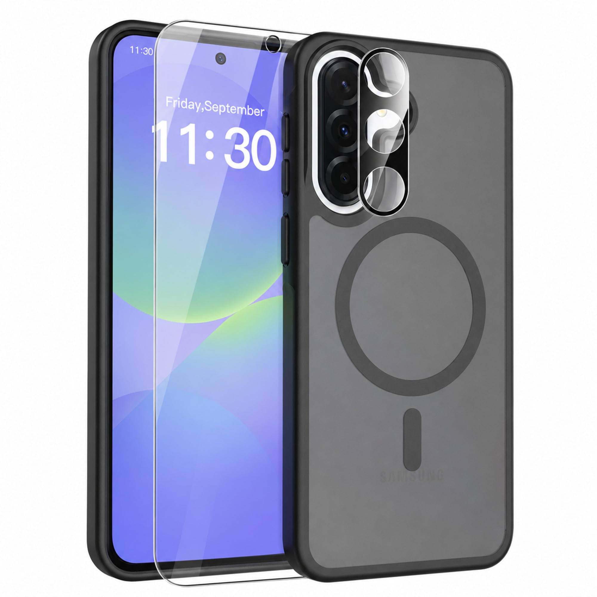 Case for Samsung Galaxy A56 5G, Magnetic Car Mount Compatible Phone Case with Screen Protector and Camera Lens Protector, Slim Anti Slip TPU PC Protective Cover, Translucent Black