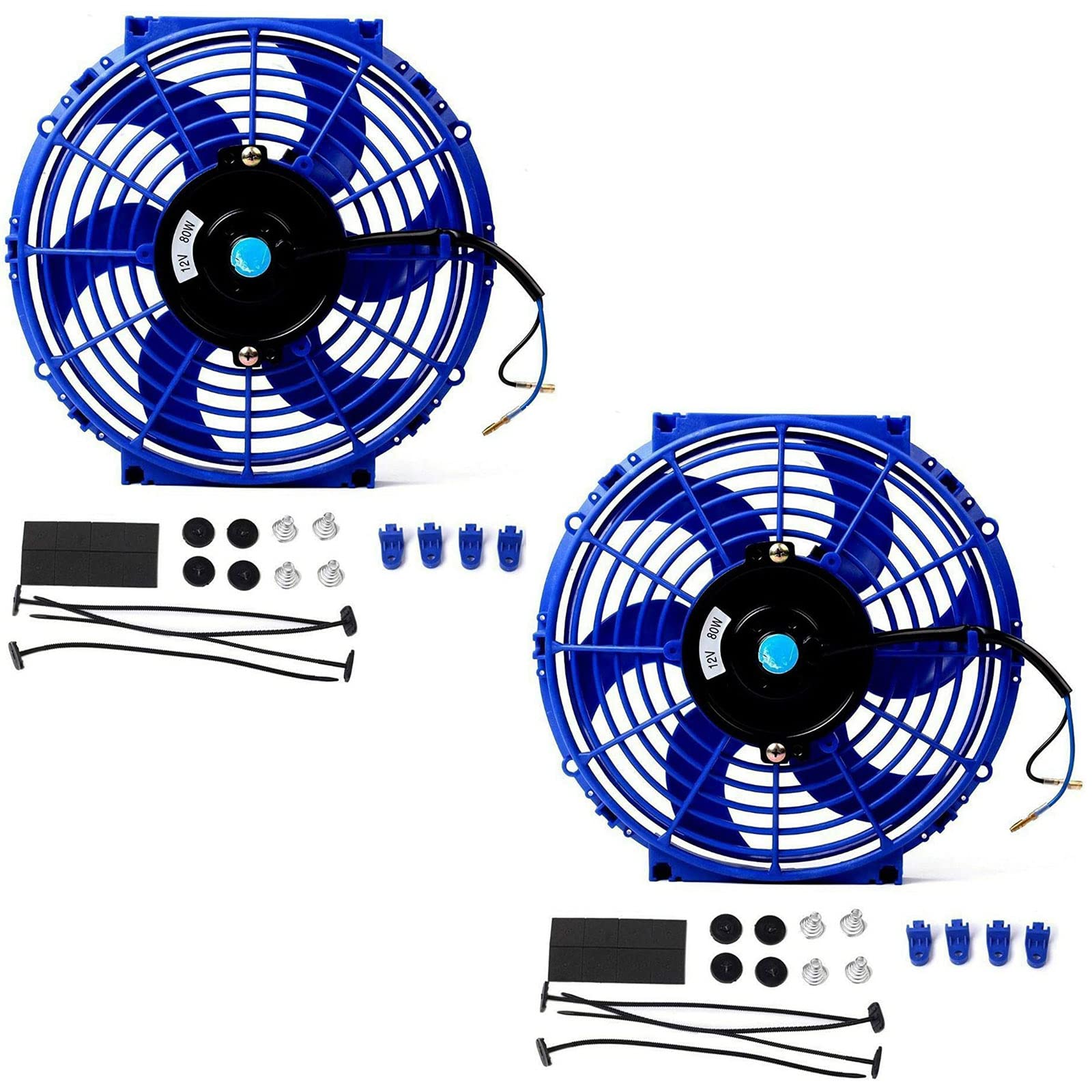 FSBCGT 2PCS 10 inch Slim Fan Push Pull Electric Radiator Cooling 12V 80W Mount Universal Kit Blue