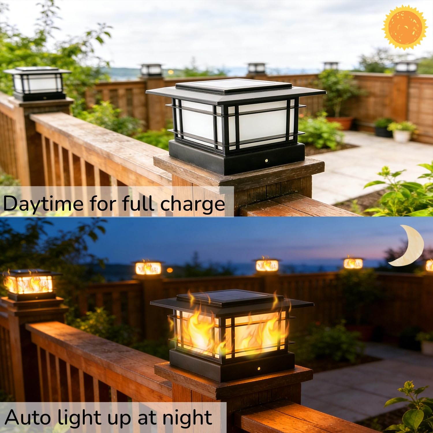 Dynaming 6 Stück Solar Flamme Post Lichter außen, Solar Powered Zaun Post Cap Lichter, hohe Helligkeit flackernde Flamme SMD LED Beleuchtung Dekor für Garten Deck Terrasse, 4 x 4, 5 x 5 oder 6 x 6
