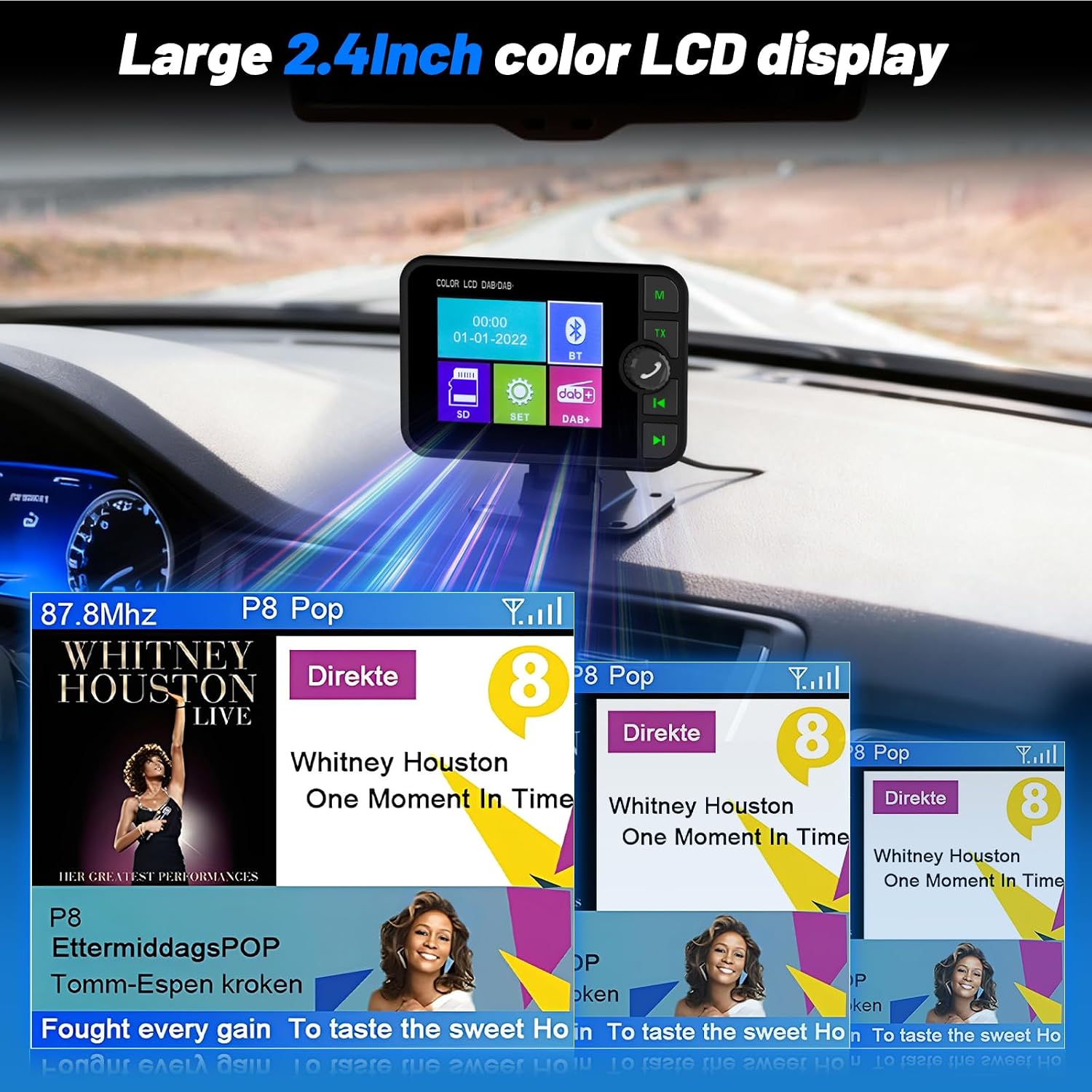 Close-up of the LORPHEIR DAB/DAB+ Car Adapter's 2.4-inch color LCD display showing radio station information and album art