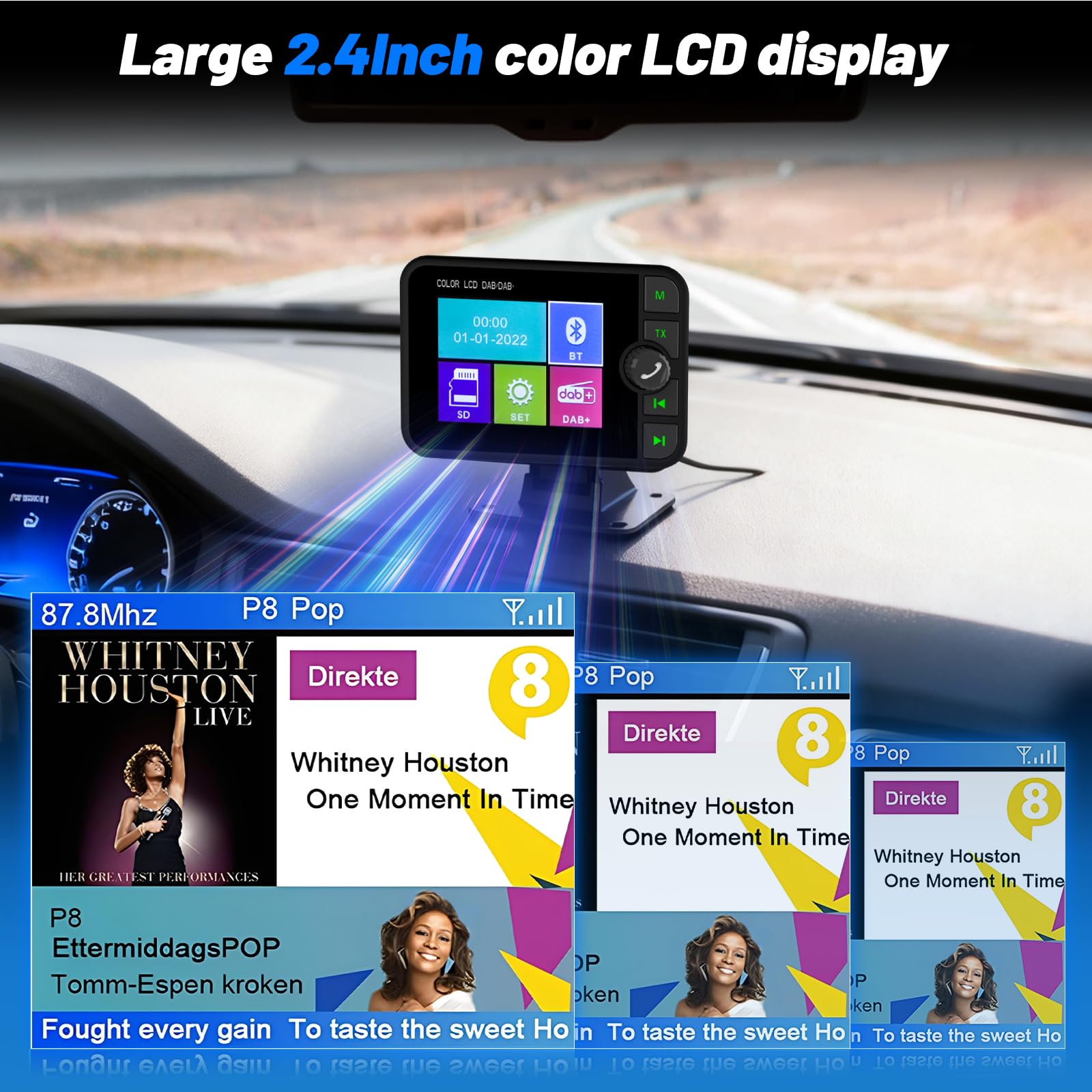 DAB/DAB+ Adapter für Auto - 2,4 Zoll LCD Display mit FM-Sender & Bluetooth für Autoradio - AUX-Eingang & TF-Karten MP3-Player - Autoscan & Service-Following Funktion