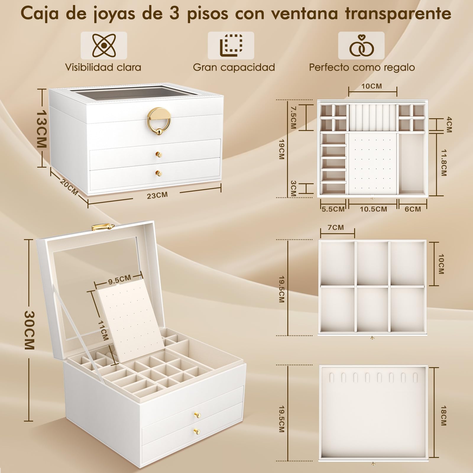 Caja Grande para Joyas 3 Niveles – Organizador Elegante para Anillos, Collares y Pendientes – 24 Compartimentos, Tapa Transparente –para Mujer(Blanco mate)