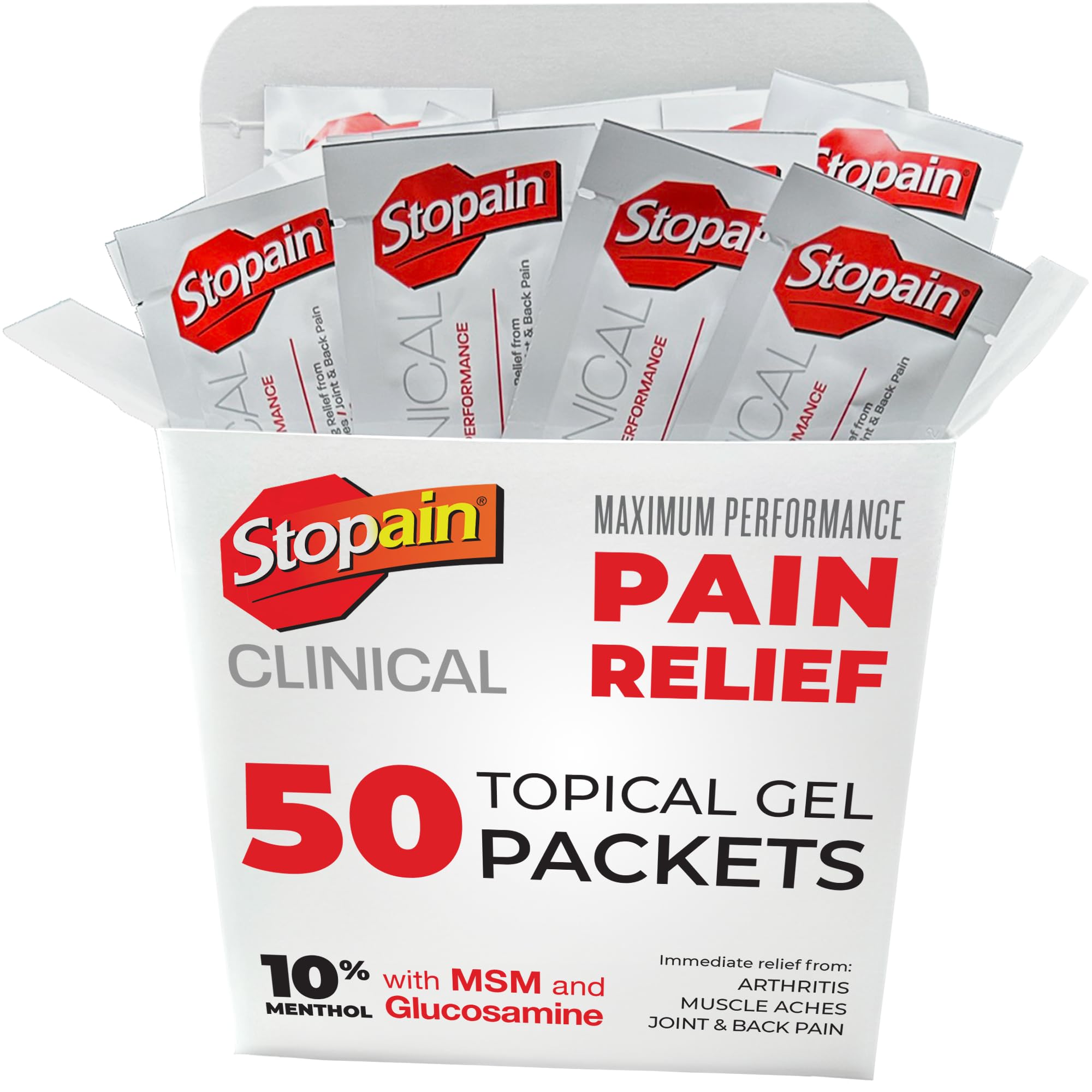 StopainPain Relief Clinical Gel Packets, 50 Pack, USA Made, Max Strength Fast Acting with MSM, Glucosamine, Menthol for Lower Back Sciatica, Knee, Neck HSA FSA Topical Analgesic Products