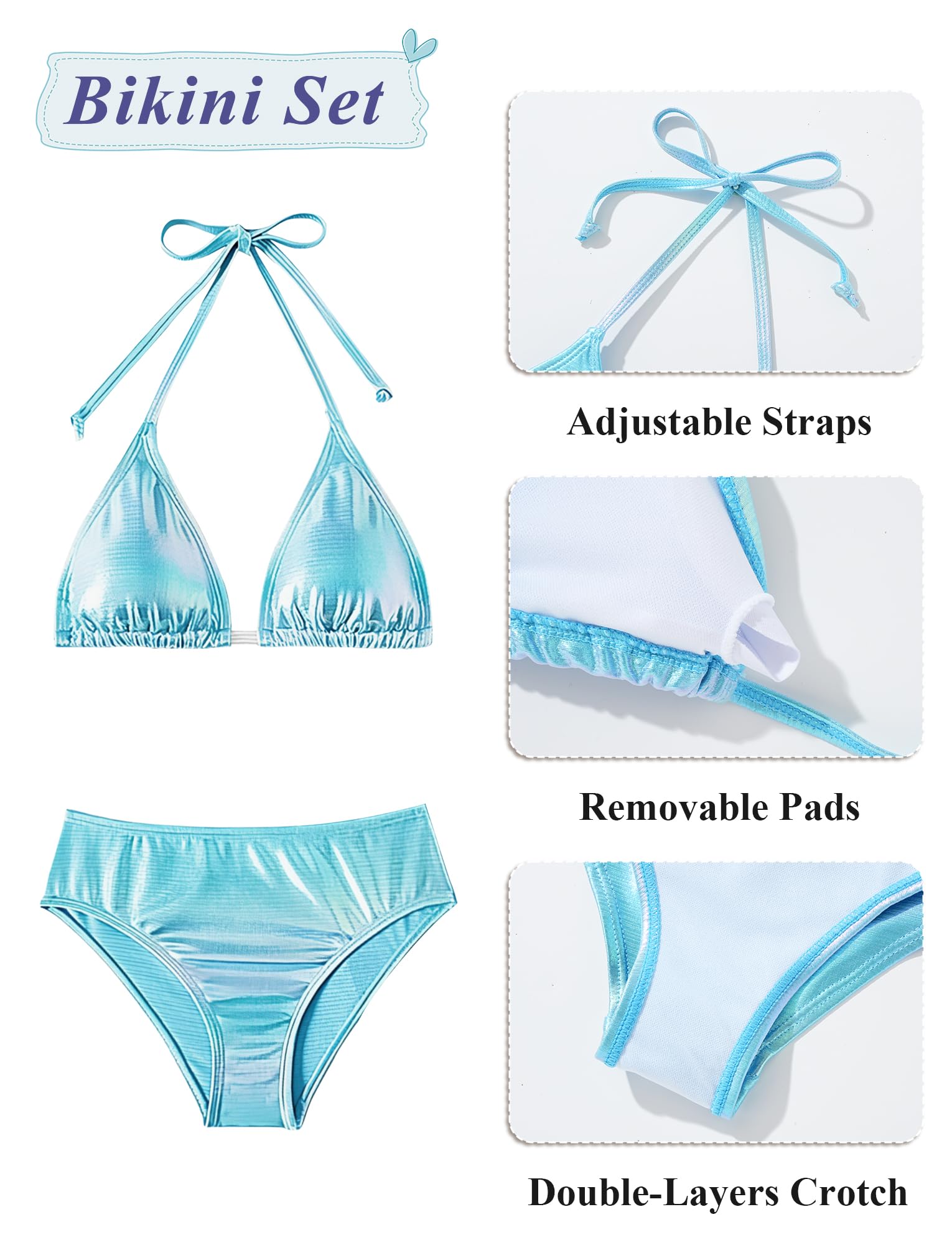 Happy Cherry Ragazze Costumi da Bagno Set Bikini Tre Pezzi Regolabili Triangolo Reggiseno Slip Gonna Costume Metallizzato Swimwear per Bambina 13-16 Anni
