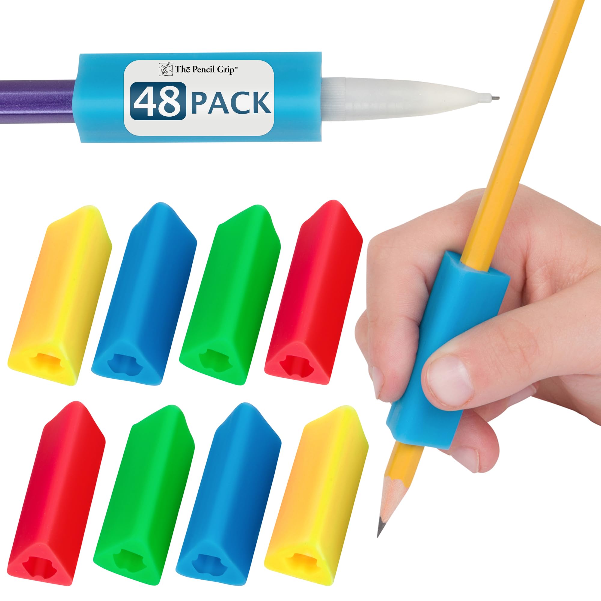The Pencil Grip- Classic Triangle Grip, Pencil Holder, Ergonomic Writing Aid, Pencil Grips for Kids Handwriting, Perfect for Right or Left Handed Users, Assorted Colors, Pack of 48