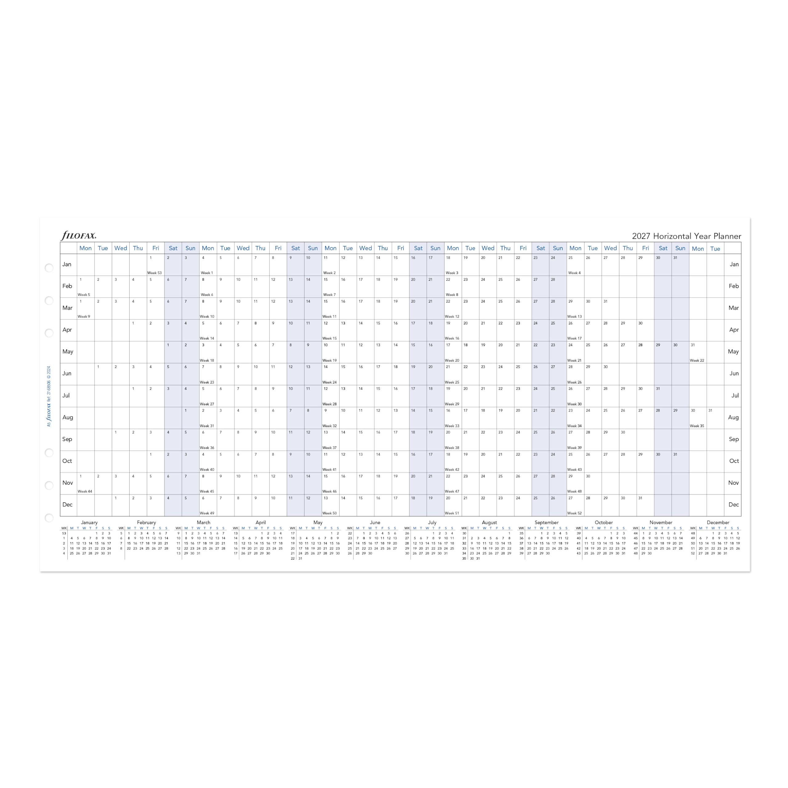 Filofax Calendar Diary Refill, A5 Size, Horizontal Year Planner, White Paper, English, 2027 (C68506-27)