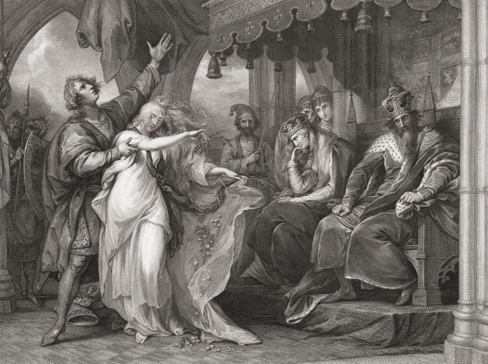 Ilustracja do sztuki Williama Szekspira Hamlet Act IV Scena V. Z XVIII wieku grawerunek Francisa Legata po pracy Benjamina Westa. Plakat wydruk Kena Welsha (18 x 13)