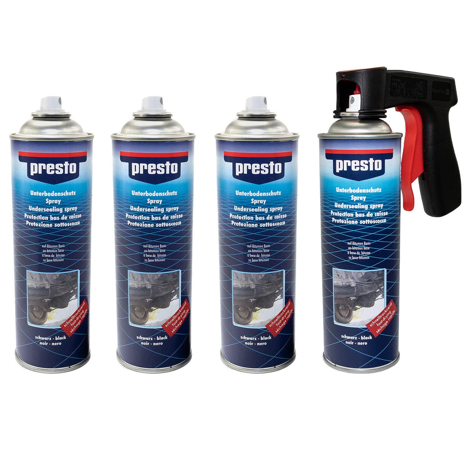 Unterbodenschutz Steinschlag Spray schwarz Presto 4 X 500 ml mit Pistolengriff