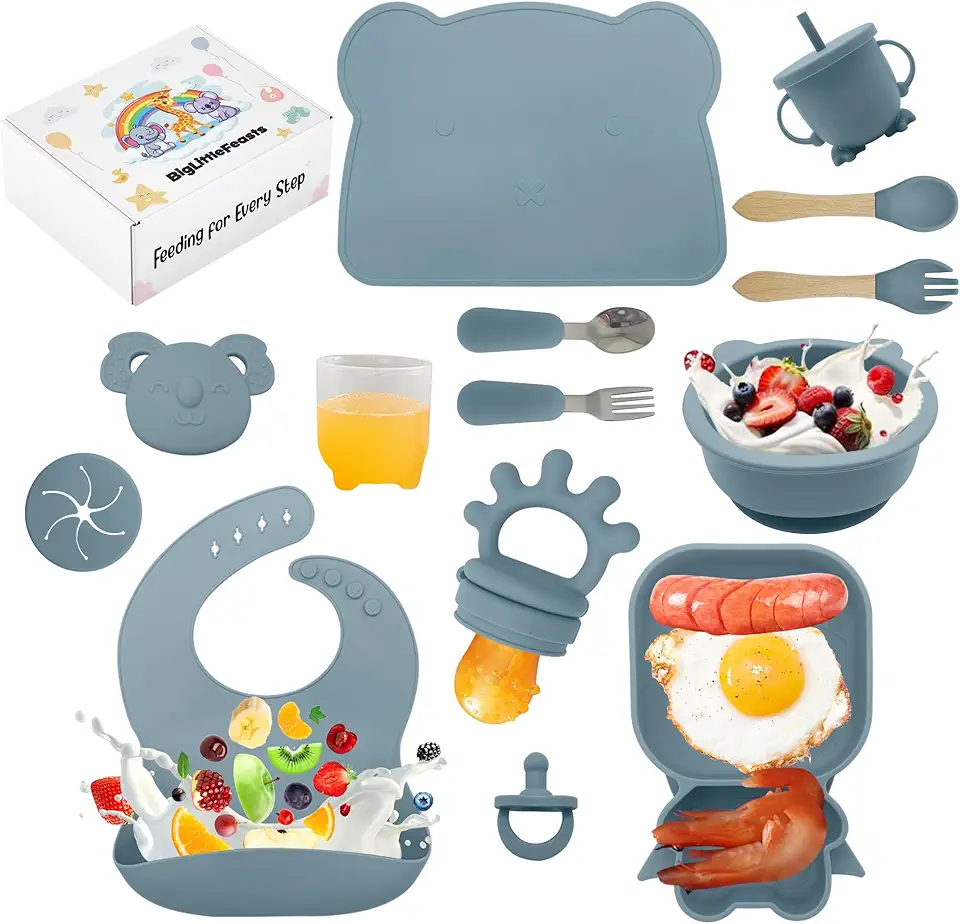 Silicone Baby Feeding Set - 14pcs, baby plates, baby led weaning supplies, baby feeding essentials, suction plates for baby, feeding supplies, suction plates for toddlers (Blue)