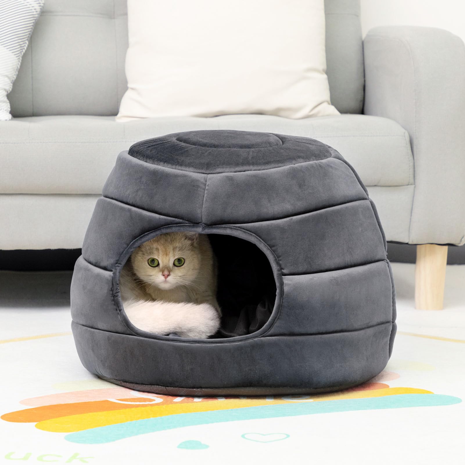 Hollypet Lit pliable 2 en 1 pour chat et petit chien, chaud et doux en velours de corail, gris foncé, L