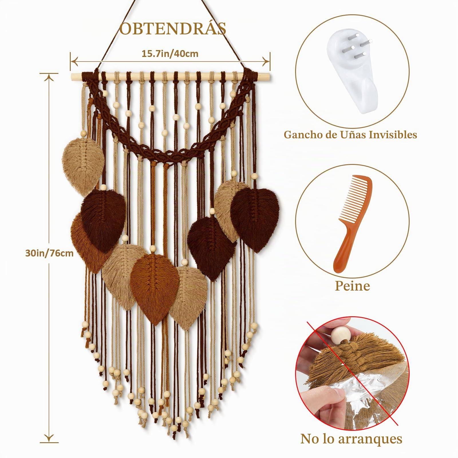 Weldomcor Tapiz Colgante de Pared de Macramé Boho con Hojas Tejidas, Decoración del Hogar Bohemia Elegante Moderna Hecha a Mano con Hojas y Plumas Arte de Pared Decoraciones para Dormitorio Sala de