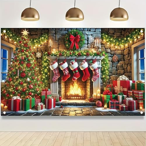 Miniatura 7 de Cartel navideño para chimenea de 71 x 43 pulgadas, caja de regalo, decoración de fondo de fotografía para fiestas de vacaciones