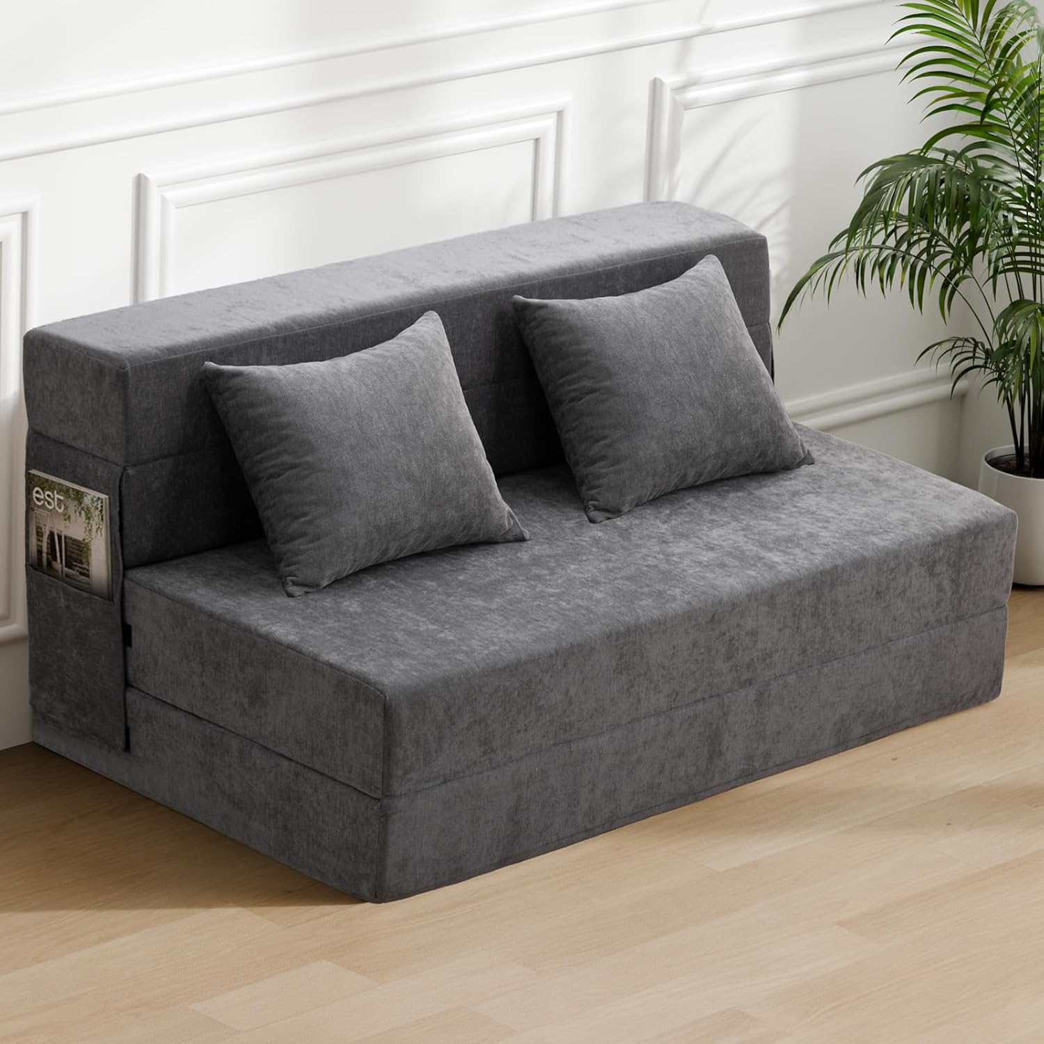 HOMFINE Folding Sofa Bed - Convertible Sleeper Chair with Pillow, Fold Out Couch, Memory Foam Floor Mattress, Futon Couch, Lazy Sofa for Living Room/Dorm/Guest Room/Home Office, Queen, Grey