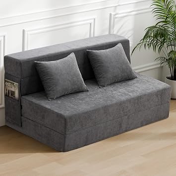 HOMFINE Folding Sofa Bed - Convertible Sleeper Chair with Pillow, Fold Out Couch, Memory Foam Floor Mattress, Futon Couch, Lazy Sofa for Living Room/Dorm/Guest Room/Home Office, Queen, Grey