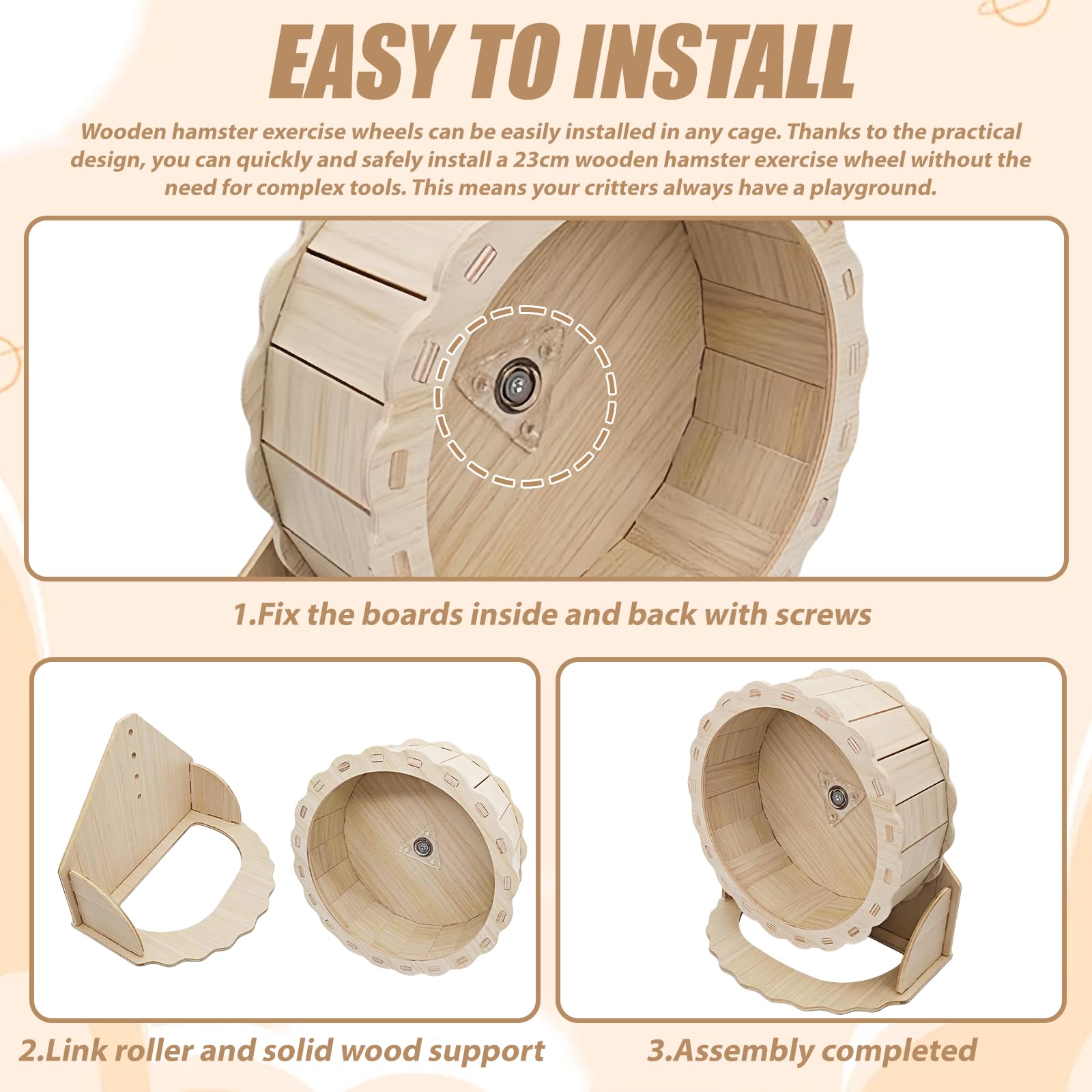 Rueda de madera de 23 cm para hámsteres y mascotas pequeñas, silenciosa rueda de madera para hámsters enanos, jerbos, ratones, juguetes para animales pequeños