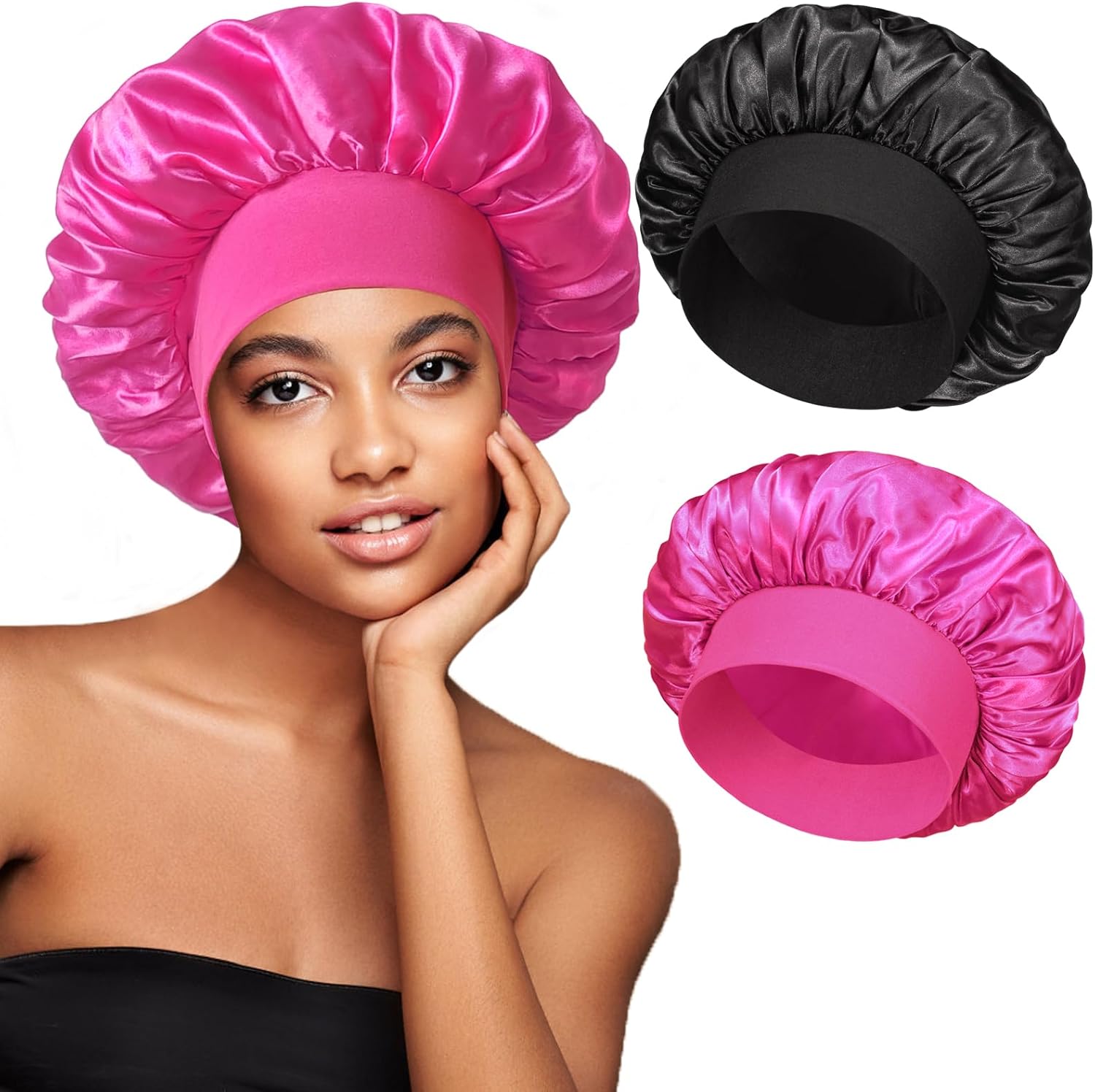 2pcs Satin Bonnets for Women, Silk Hair Bonnet for Sleeping, Wide Soft Band Large Silky Sleep Cap for Curly Hair Braids