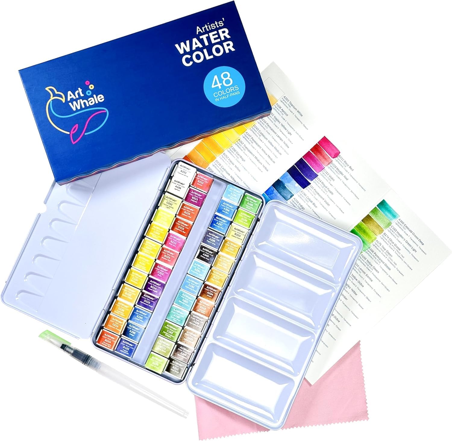 Watercolor Paint Set 48 Colors Half-Pans in Tin Box with Water Brush, Pro-Grade Pigments, Smooth Blending, Portable & Beginner-Friendly, Non-Toxic