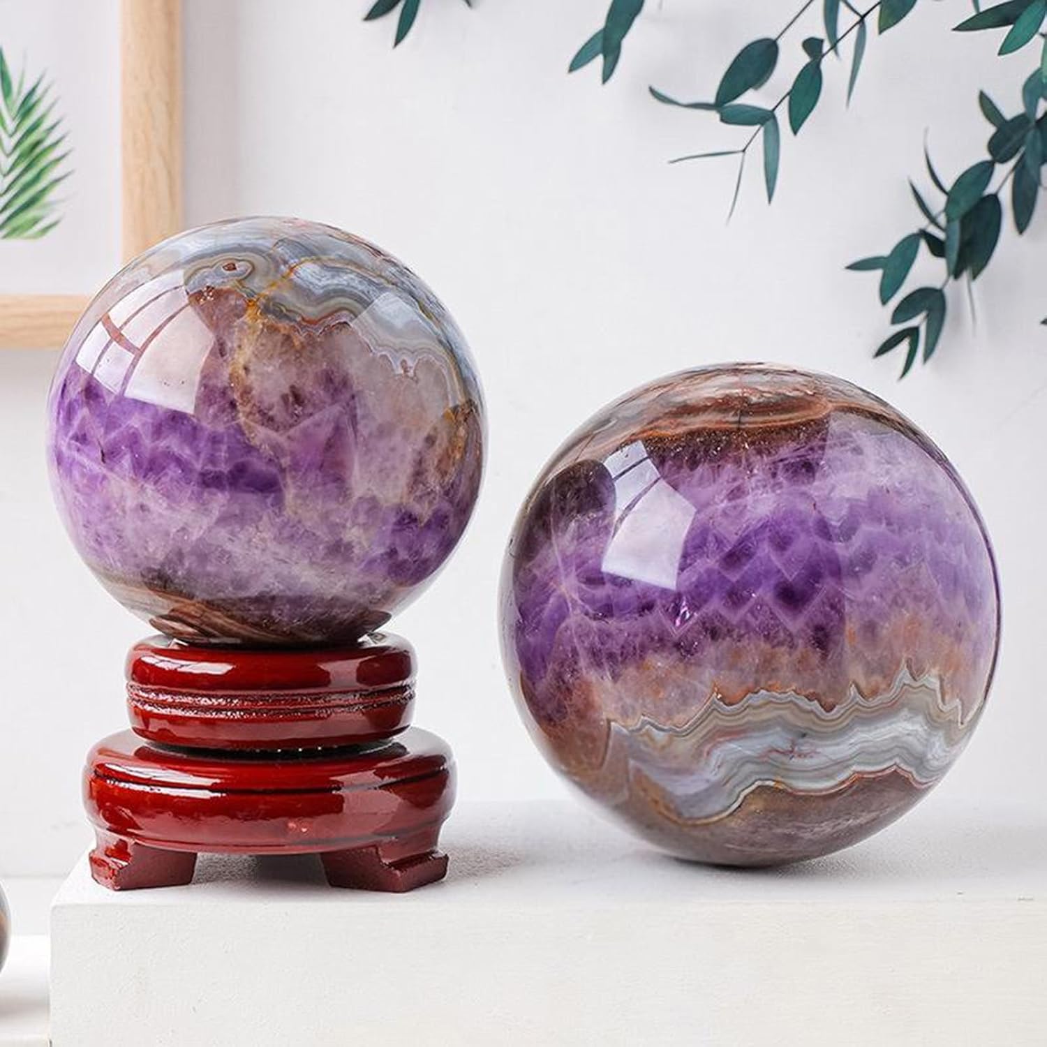 Dream Amethyst Crystal Ball, Crystals Quartz Sphere with Wood Stand, Stone Scrying Ball for,Home Office Decor,Decoration,8.5~9cm