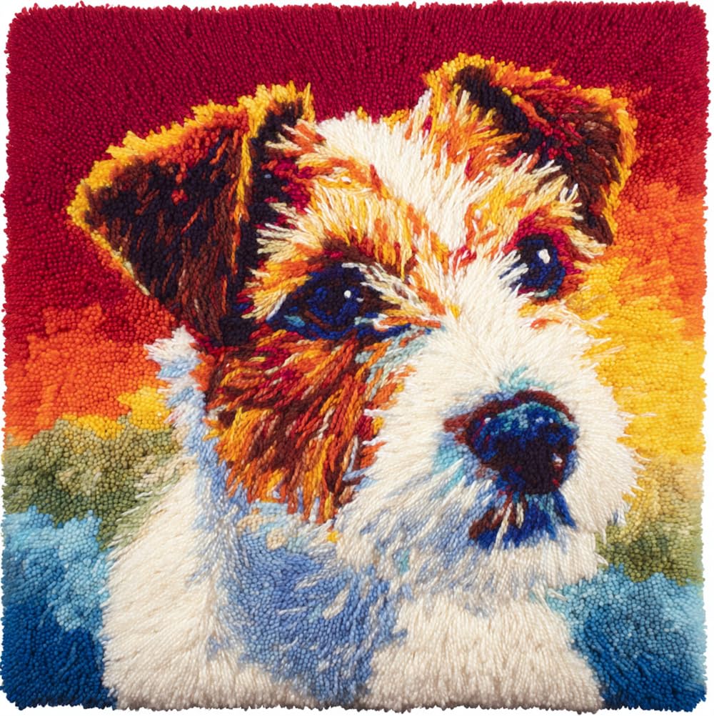 Taxpy Latch Hook Kits Pillow Jack Russell Terrier Crochet Yarn Cushion Colour Pre-Printed Canvas Rug Needlework DIY Pillowcase Hook and Latch Kit Christmas Home Arts Crafts Sofa Decoration 43X43Cm