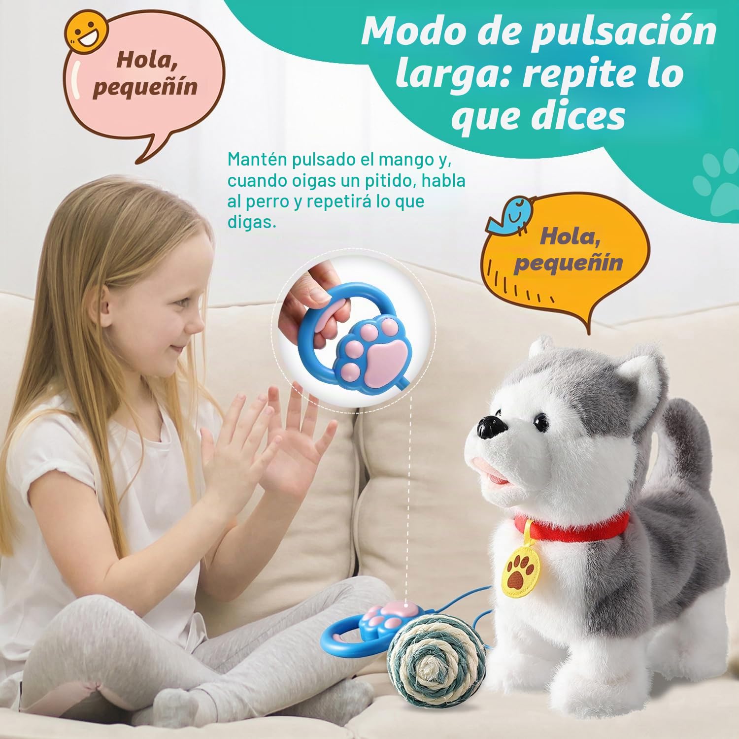 Caminar, ladrido, canto, cachorro husky, repite lo que dices, más realista, lamiendo, cola que mueve la lengua, perro mecánico con contacto electrónico o voz