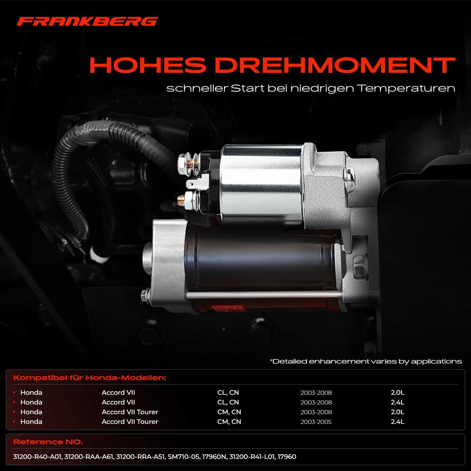 Frankberg Motor de arranque para automóvil 1,6 KW/12 V/9 dientes Compatible con Accord VII CL CN Accord VII Tourer CM CN Accord VII CL CN Replace# 17960N