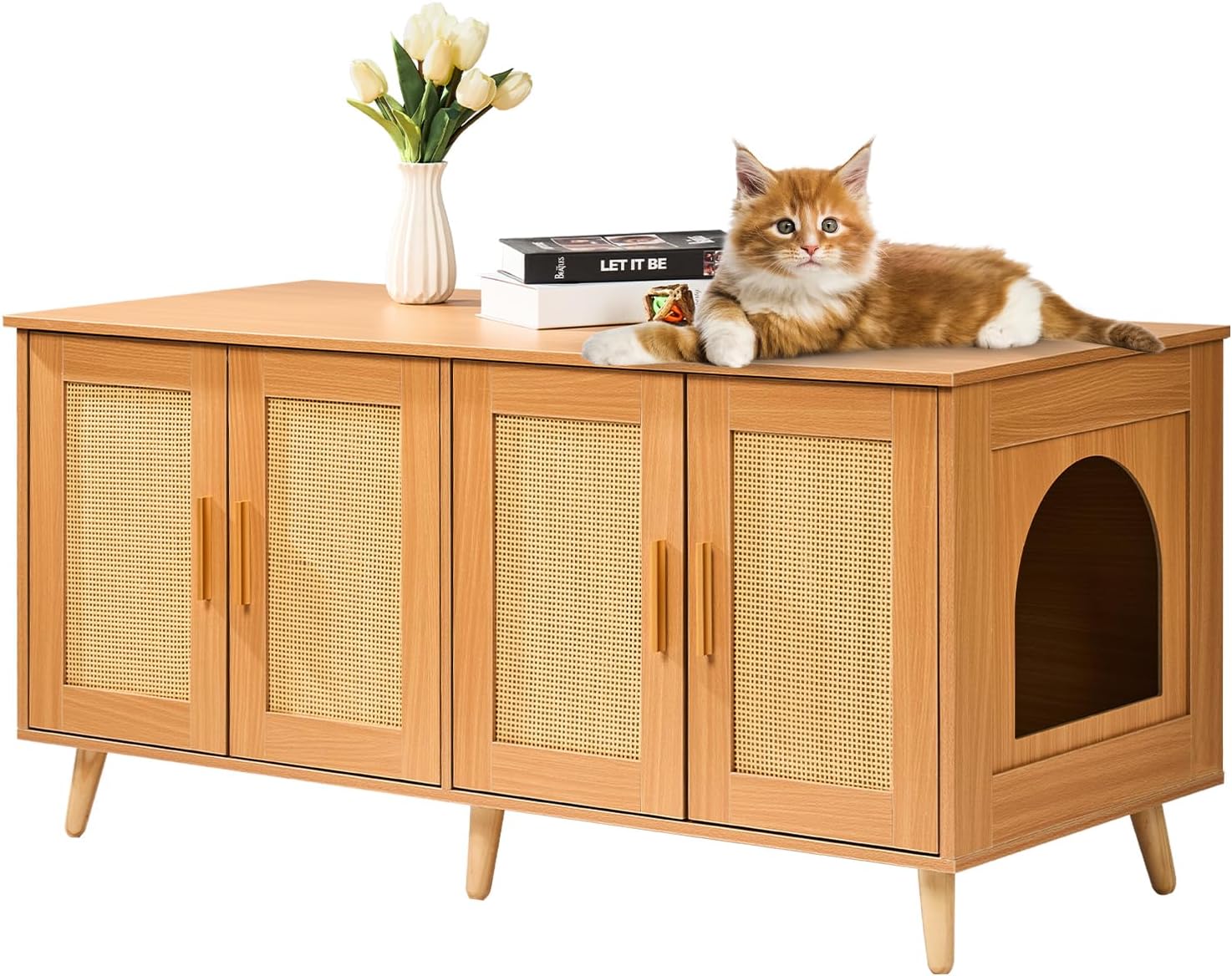 VEVOR Cat Litter Box Enclosure for 2 Cats, Litter Box Furniture Hidden with Rattan Decorated Doors, Wooden Cat Box Cabinet Fit Most of Litter Box, 47.2" L x 19.7" W x 21.7" H, Natural