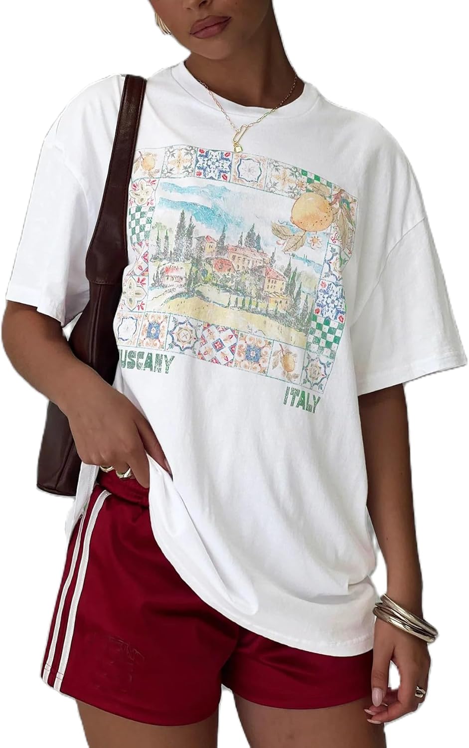 Women Oversized Tops Y2k Cute Loose Short Sleeve Fruit Floral Graphic T Shirt Vintage Beach Coastal Summer Baggy Tee