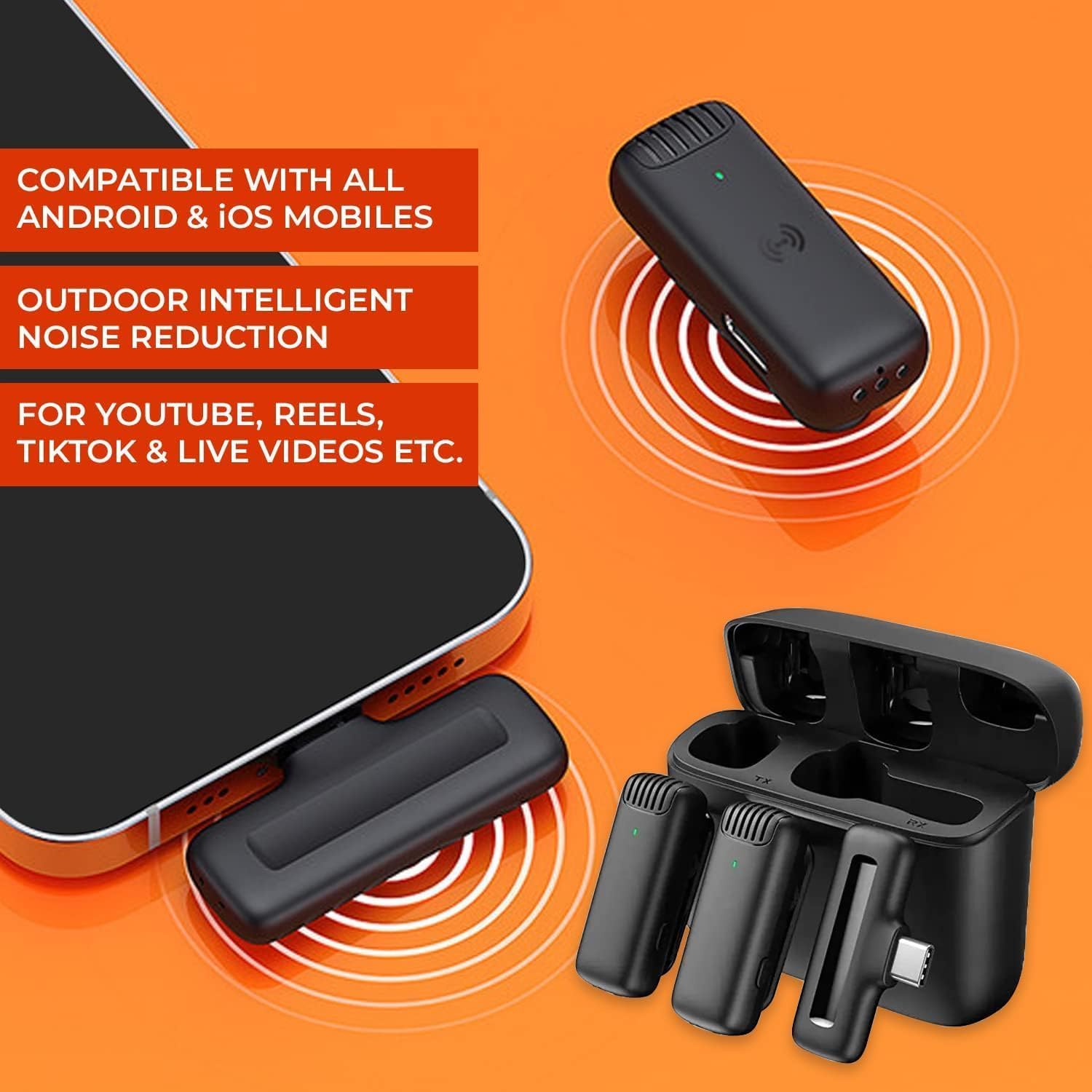 SKYCELL Microfono wireless J13, risvolto con riduzione del rumore con custodia di ricarica, wireless a doppio canale per YouTube, registrazione video, Facebook, compatibile con Type-C e iPhone