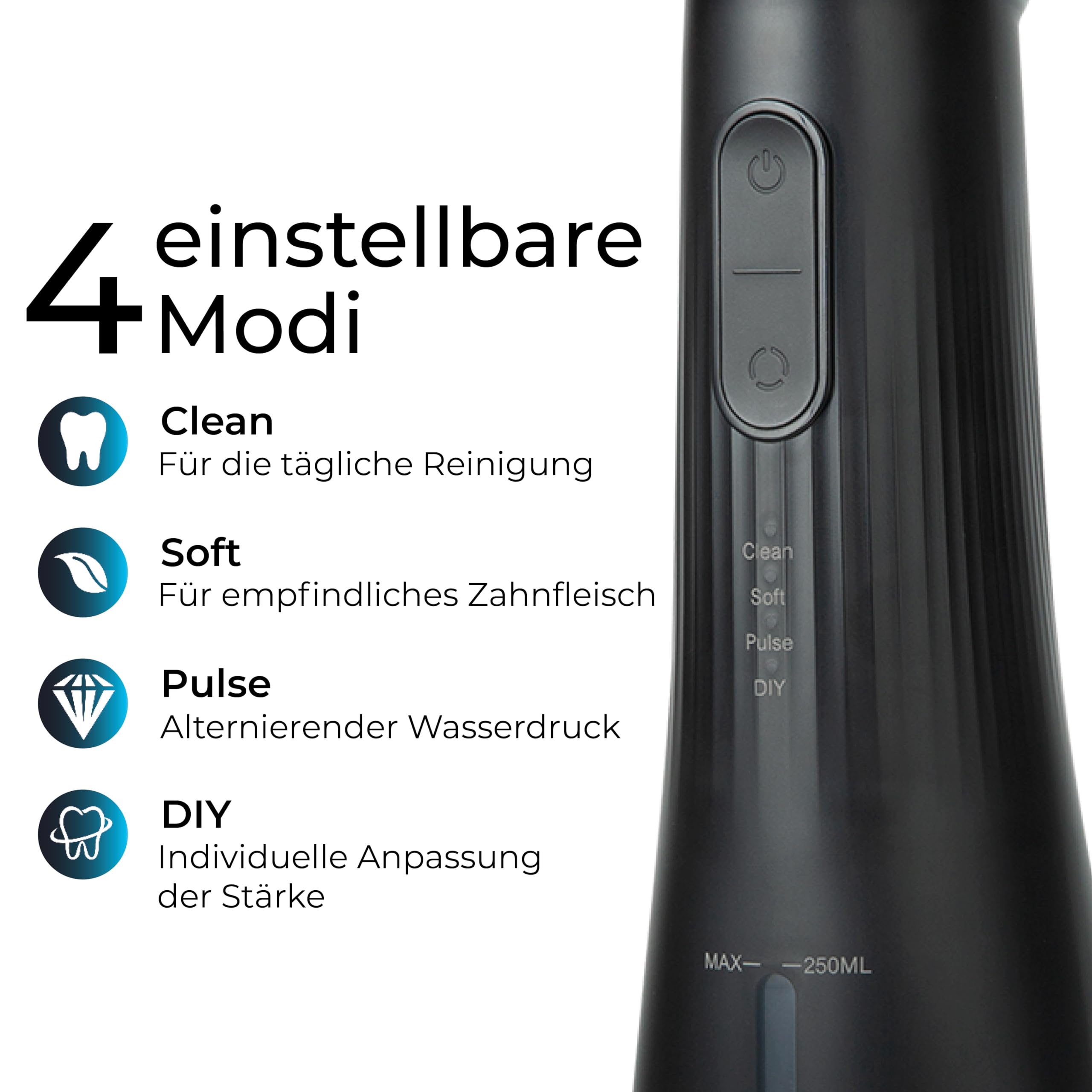 KLAMER Munddusche kabellos mit 4 Programmen, 2 Aufsätzen und 250 ml Tank | Water Flosser für Zahnspangen und empfindliches Zahnfleisch, entfernt Plaque zwischen Zähnen und unter dem Zahnfleischrand