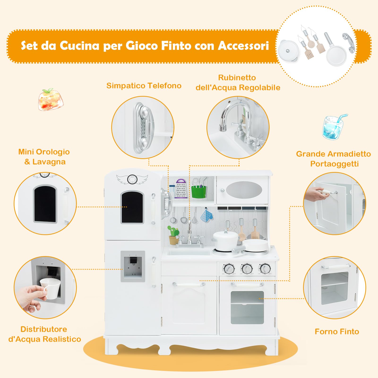 RELAX4LIFE Cucina Giocattolo in Legno per Bambini, Luci e Suoni Realistici, Gioco di Simulazione con Telefono, Frigorifero, Distributore d'Acqua per Bambini 3+Anni