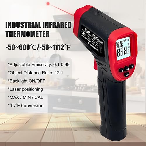 Miniatura 2 de Pistola termómetro digital infrarroja para cocinar, pistola de temperatura láser de -58 a 1112 F con emisividad ajustable y máximo y mínimo,
