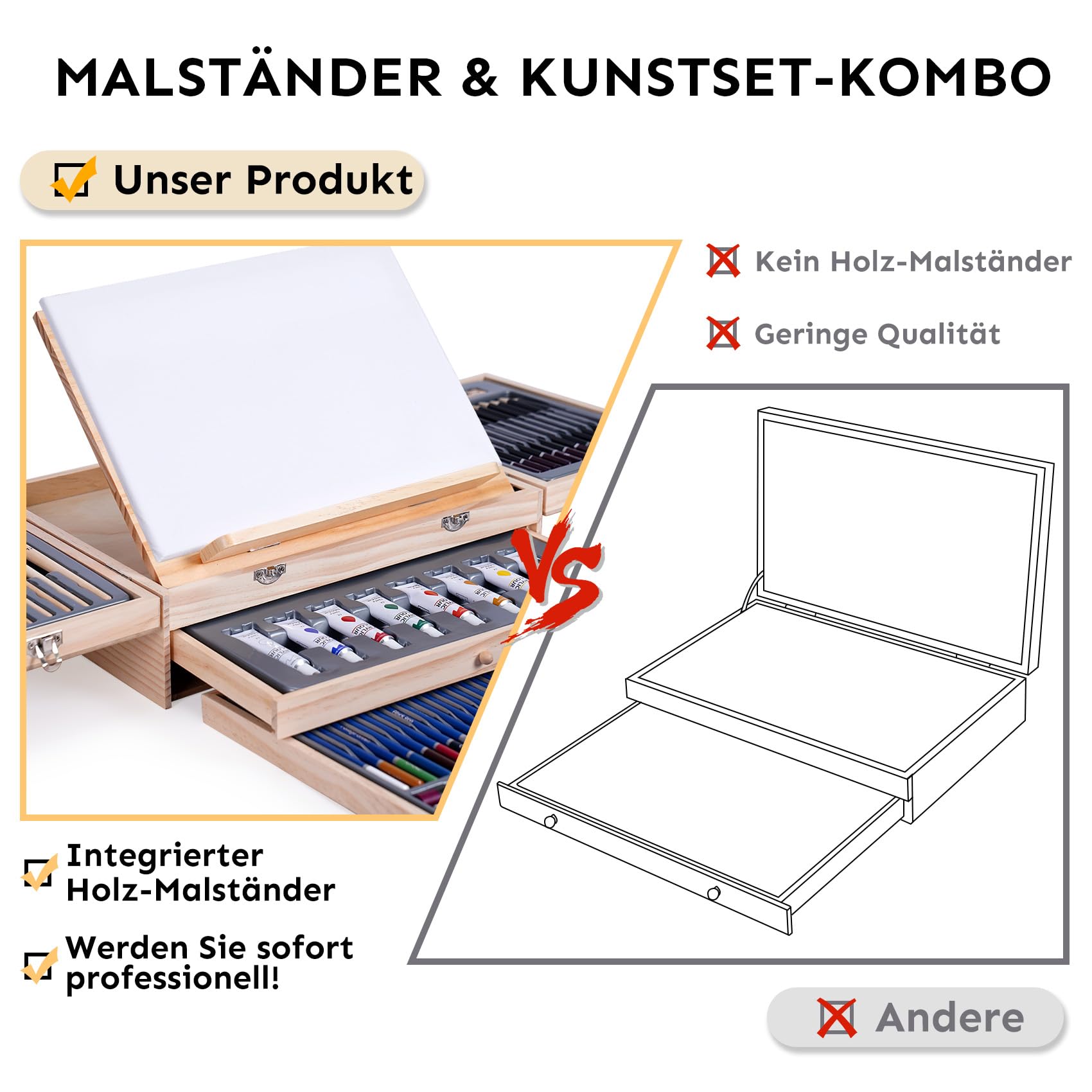 TMOL All-in-One 85tlg Malset mit Tischstaffelei, Acrylfarben, Aquarell, Skizzenstiften, Buntstiften, Ölkreiden, Pinseln, Block, Palette, Koffer, Malset für Erwachsene, Künstler, Anfänger