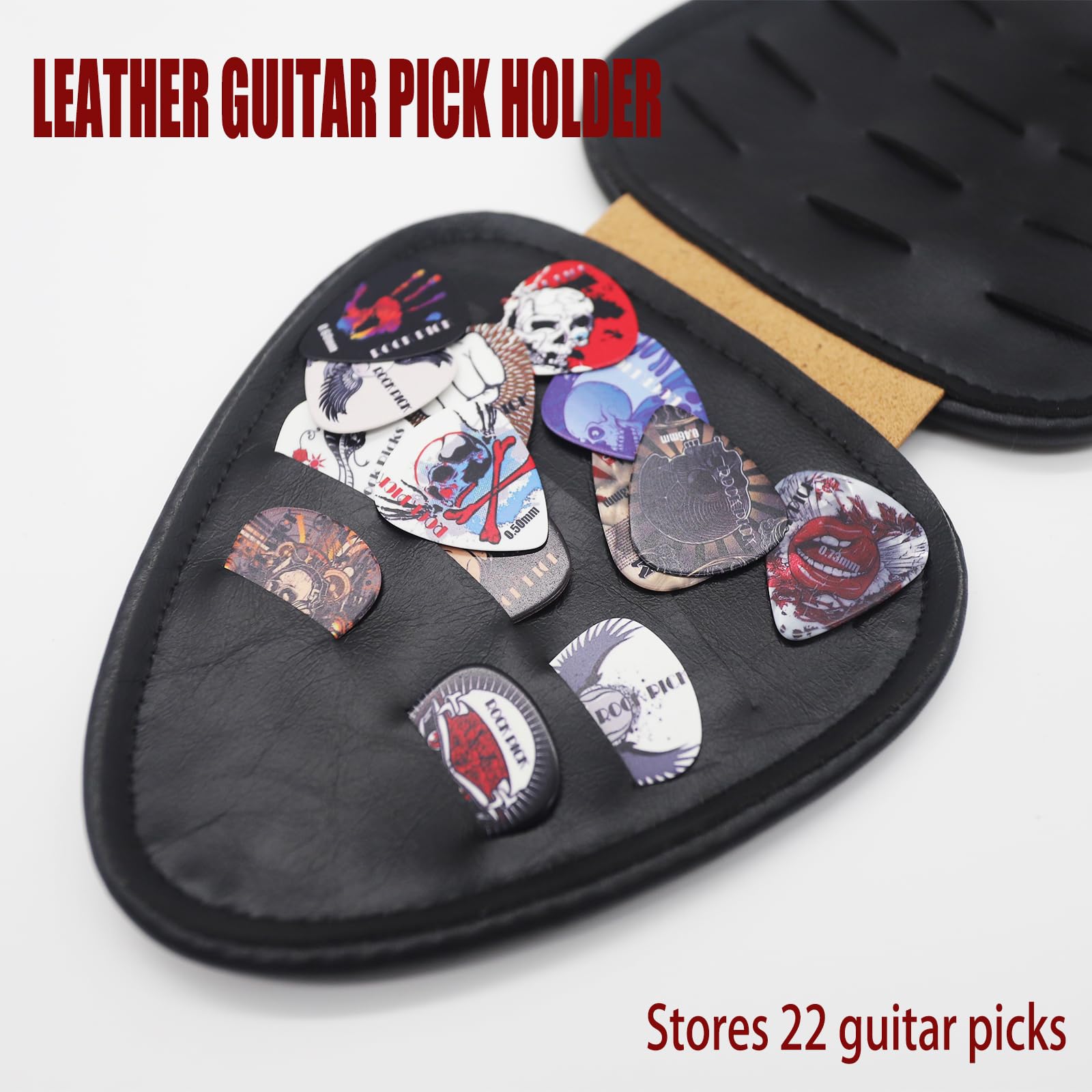 RAUYIVANY Estuche para púas de guitarra con 22 púas, capa interior y exterior de piel pura para almacenamiento, 22 ranuras, bolsa de púas de varios grosores. Regalo para guitarrista