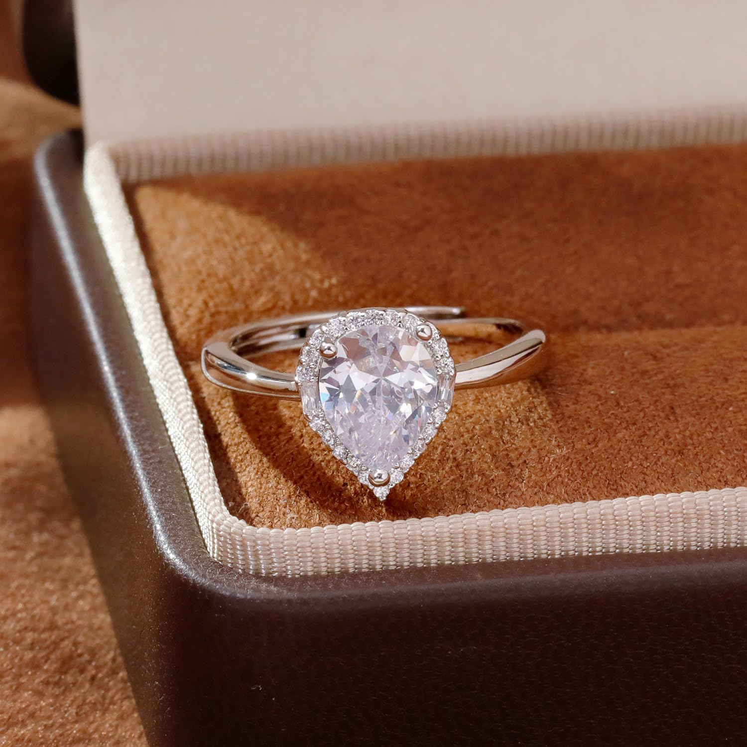 Kokoma Elegant Crystal Teardrop Statement Ring for Women, Cubic Zirconia Water Drop Engagement Ring Adjustable Band Wedding Eternity Rings Chic Jewelry - Image 5