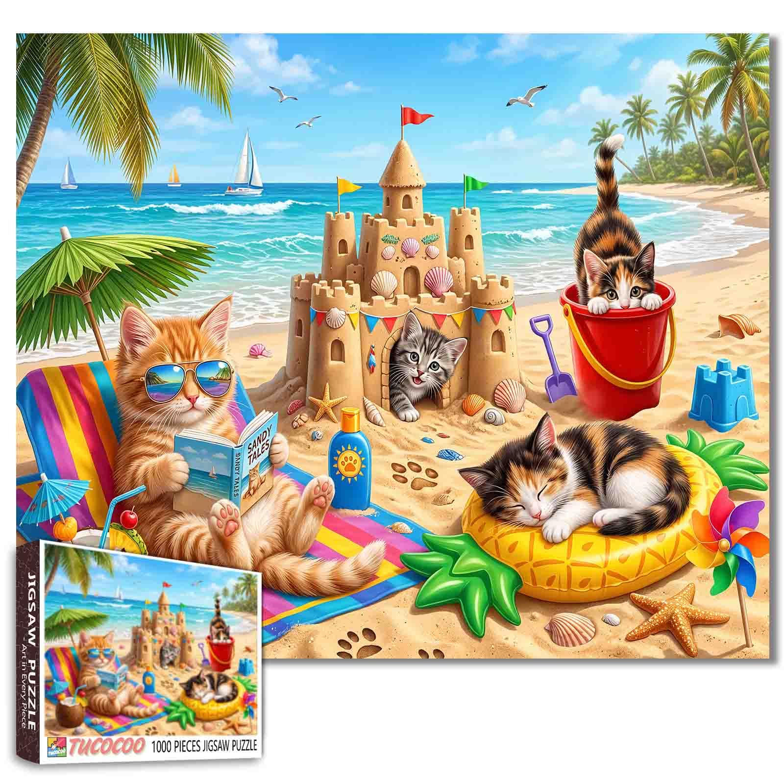 Cat Jigsaw Puzzles 1000 Pieces for Adults, Families(castle beach,Cute Beach Cats Summer Vacation) Pieces Fit Together Perfectly 19.7''x27.6''inch Frameable Freedom Puzzle Art — image 1