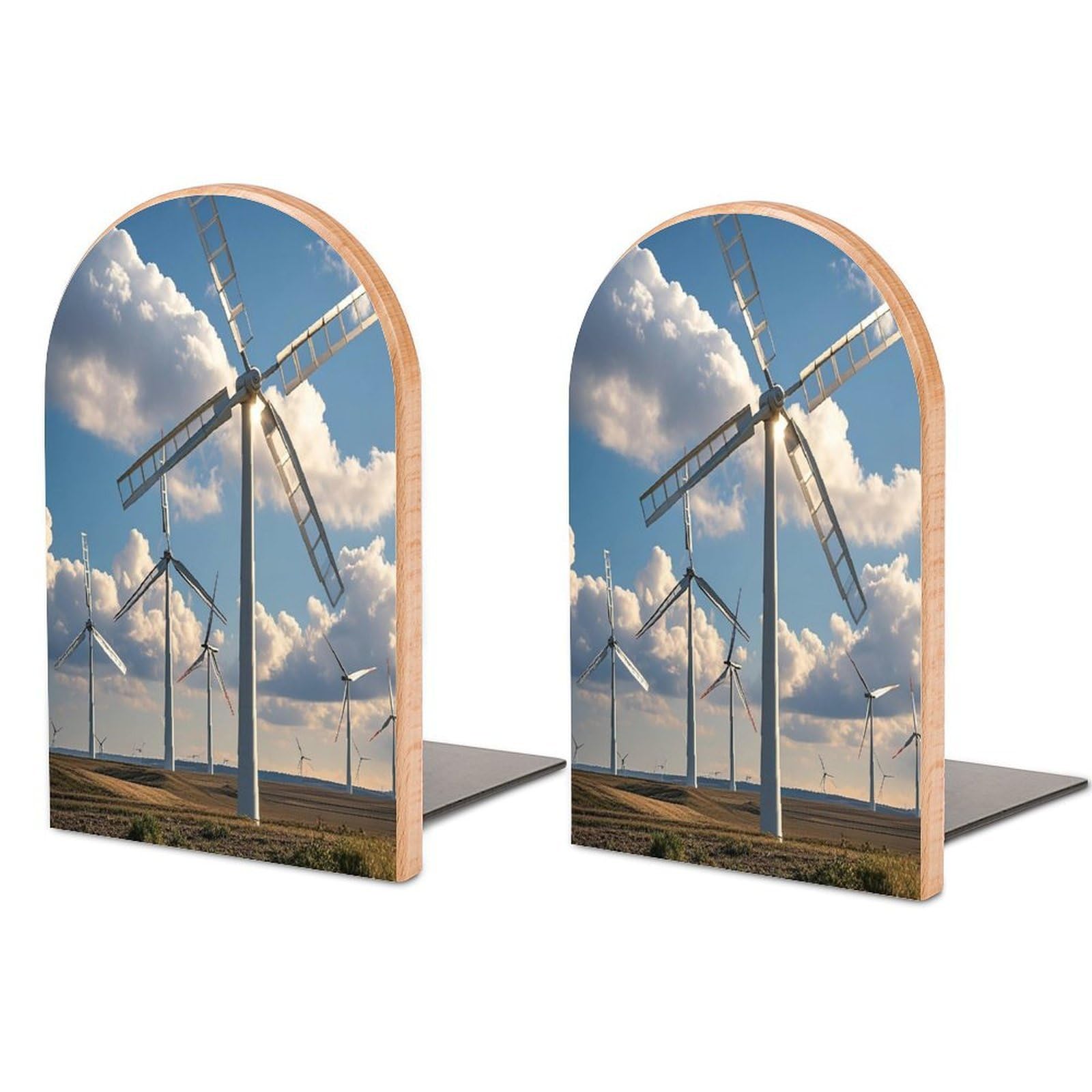 Windmills Book Ends Wood Non-Skid Bookend for Shelves Heavy Duty Bookends with Metal Base Decorative Books Stopper Desk Organizers Book Dividers for Office Home 1 Pair