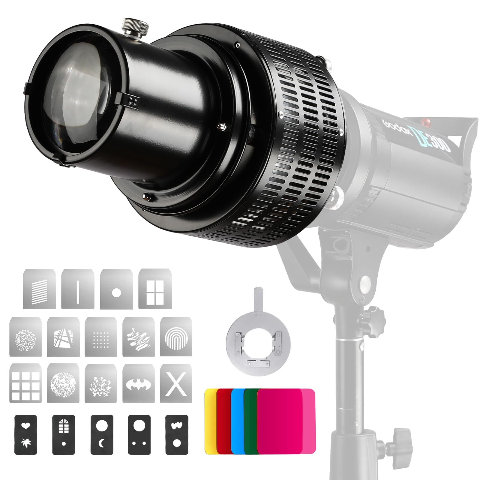 Soonpho Optical Conical Snoot Bowens Mount Gobo Bracket for Photography,Aluminium Alloy GOBO Projector Bowens with 5 Colour Filters & 19 Gobos for Monolight,Studio Flash,Continuous Light