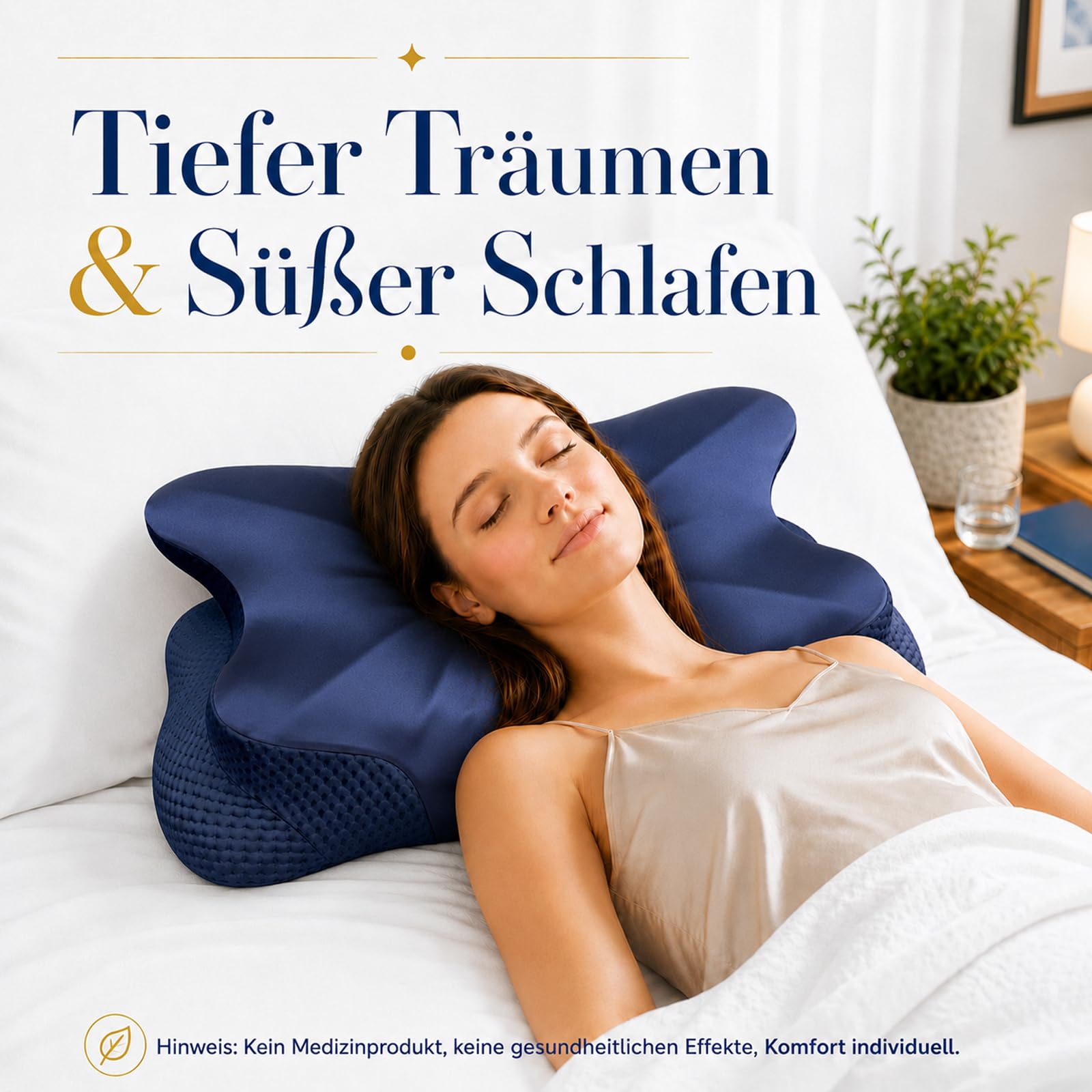 Ergonomisches Kopfkissen - Zwei Höhen Seitenschläferkissen mit Kühlender Eisseide-Bezug, OEKO-TEX STANDARD 100 Memory Foam Nackenkissen für Seiten, Rücken & Bauchschläfer, Mitternachtsblau