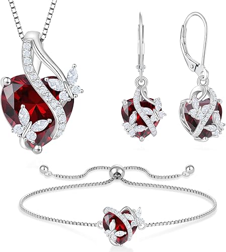 Juego de joyas de plata de ley con diseño de mariposas y granate para mujer, collar, aretes, pulsera, regalo