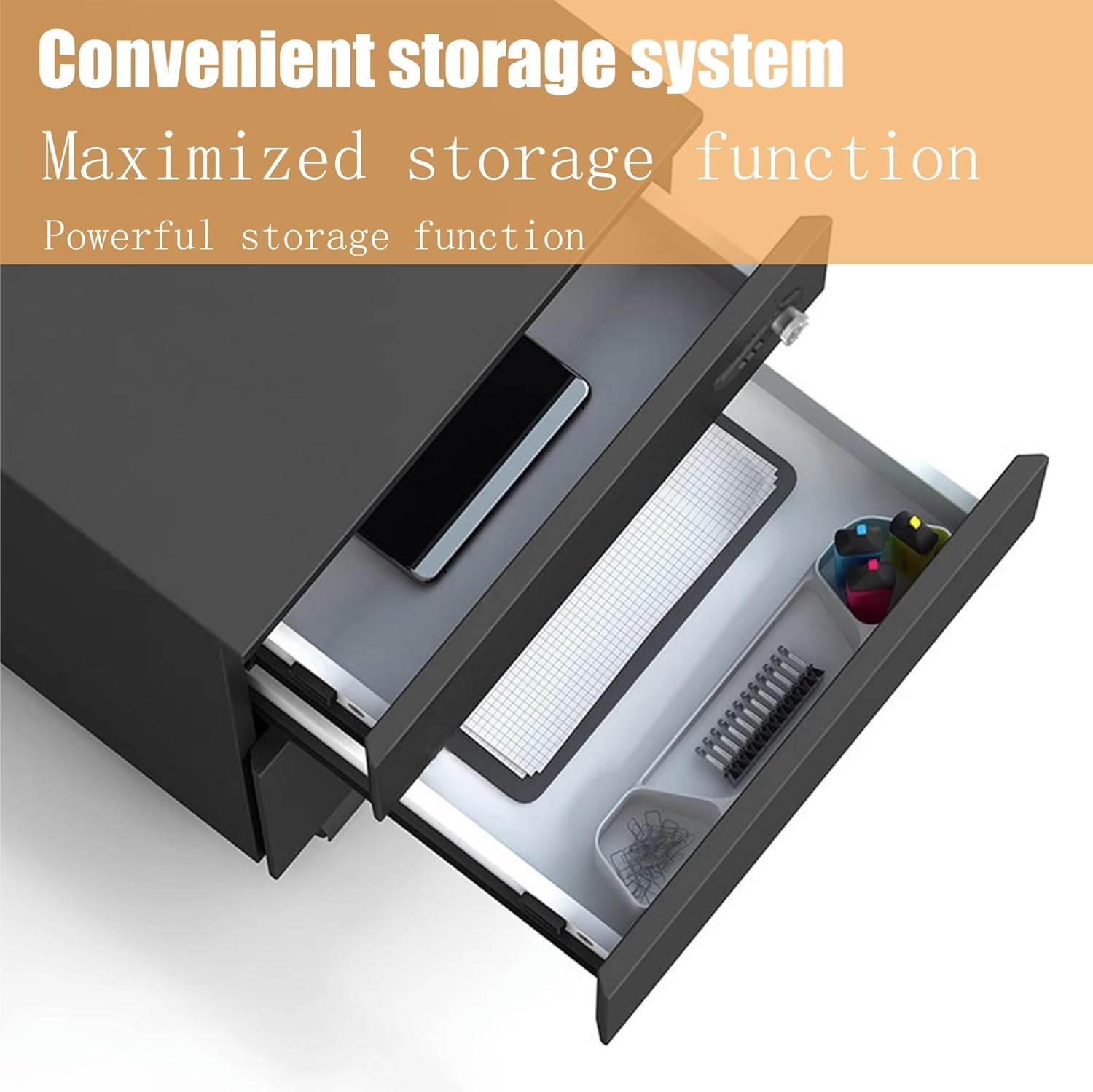 3 Drawer Under Desk Filing Cabinet with Lock, Small Movable Storage Space, Printer Rack, Metal Frame, Mechanical Combination Lock, Suitable for Office, Company(Natural Wood Color)