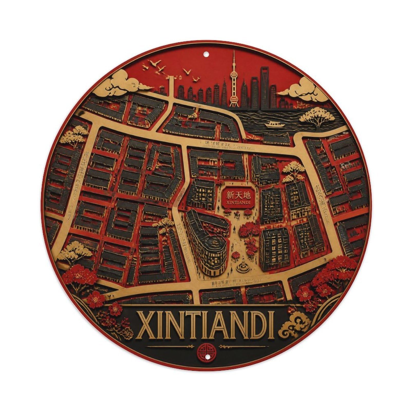 Okngb Style Xintiandi District Shanghai Urban Route Color Blocks Metal Tin Sign Plaque Wall Decor For Cafe, Man Cave, Club Bar, Office, Home Garden Round Metal Poster 8X8inch
