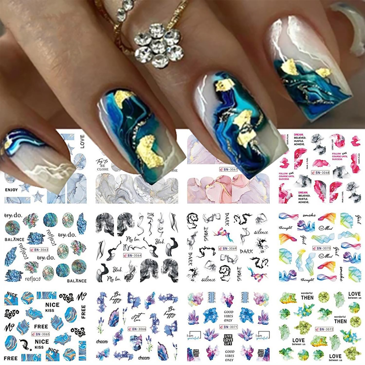 12 Sheets Marble Nail Water Transfer Stickers Colorful Marble Patterns Nail Design Nail Art Stickers Irregular Wave Geometry Line Sliders Nail Decals Abstract Painting Watermark Nail Art Supplies DIY